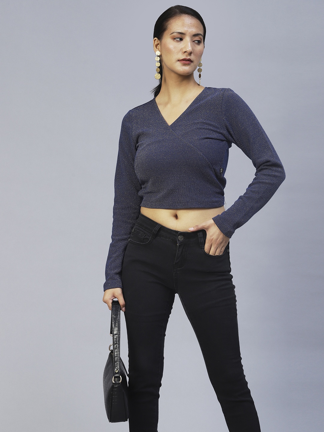 

Rigo Women Navy Blue Wrap Pure Cotton Crop Top