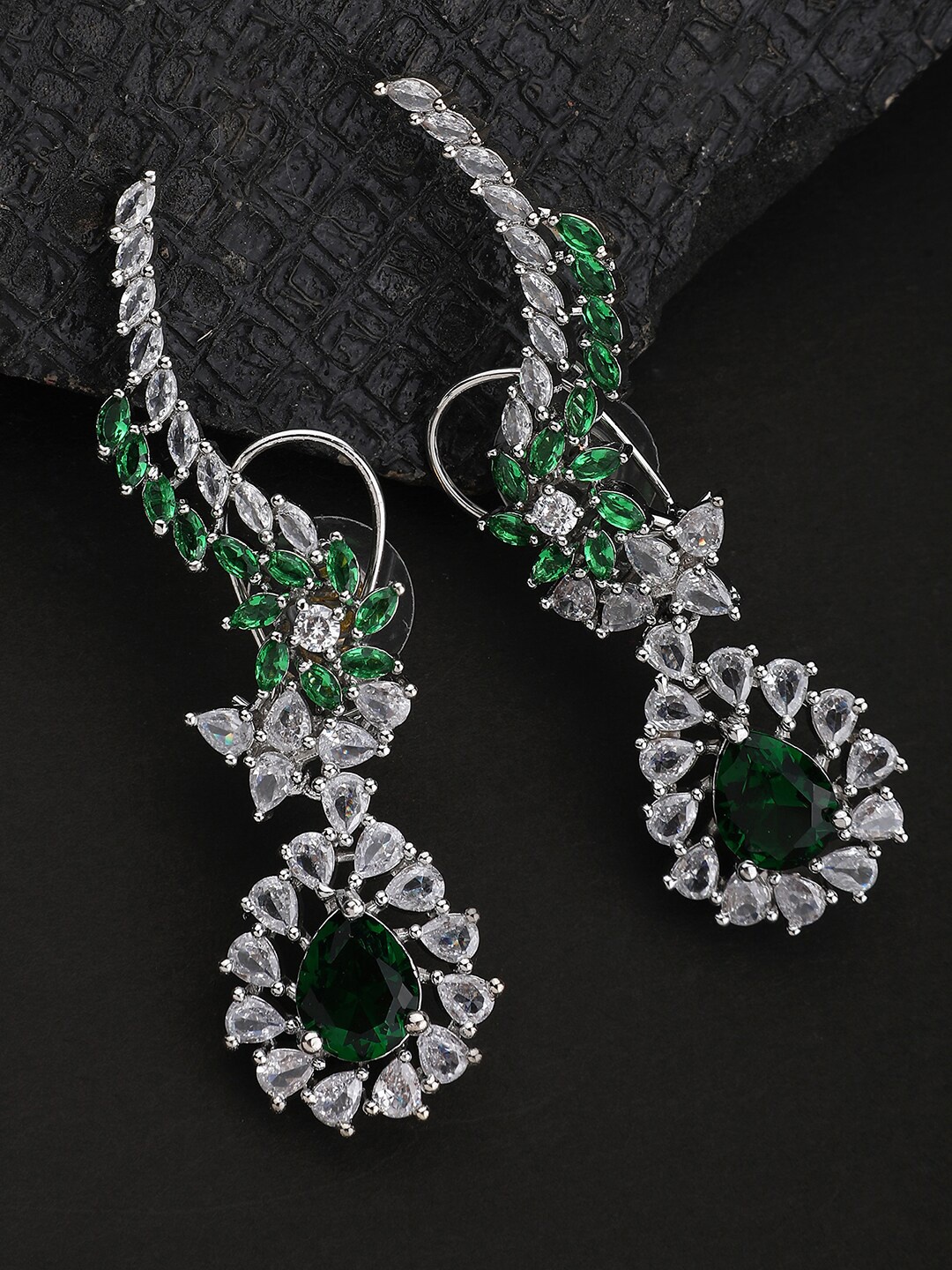 

Bhana Fashion White & Green American Diamond Studded Silver-Plated Drop Earrings