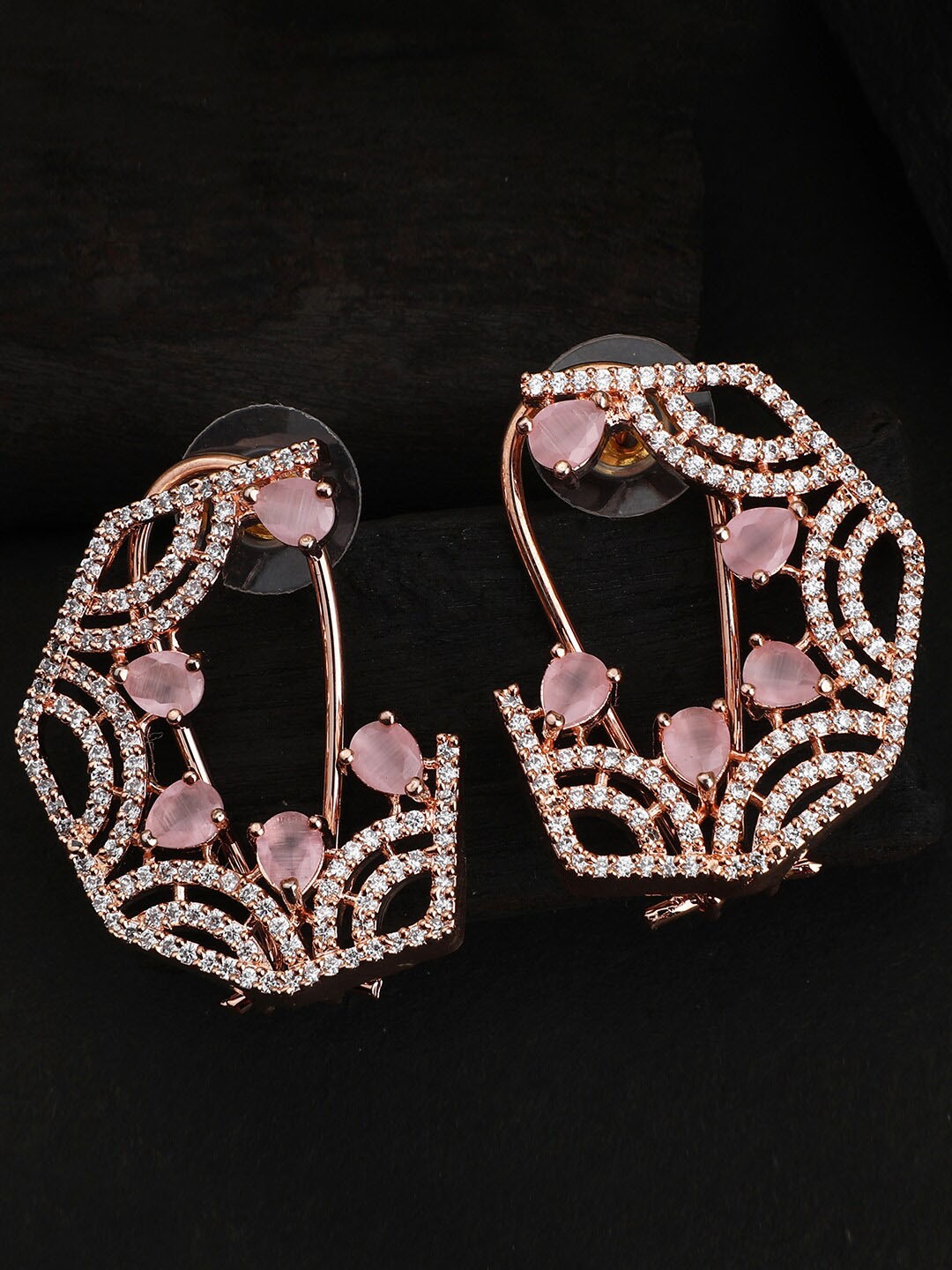 

Bhana Fashion Pink & Rose Gold American Diamond Studded Gold-Plated Studs Earrings