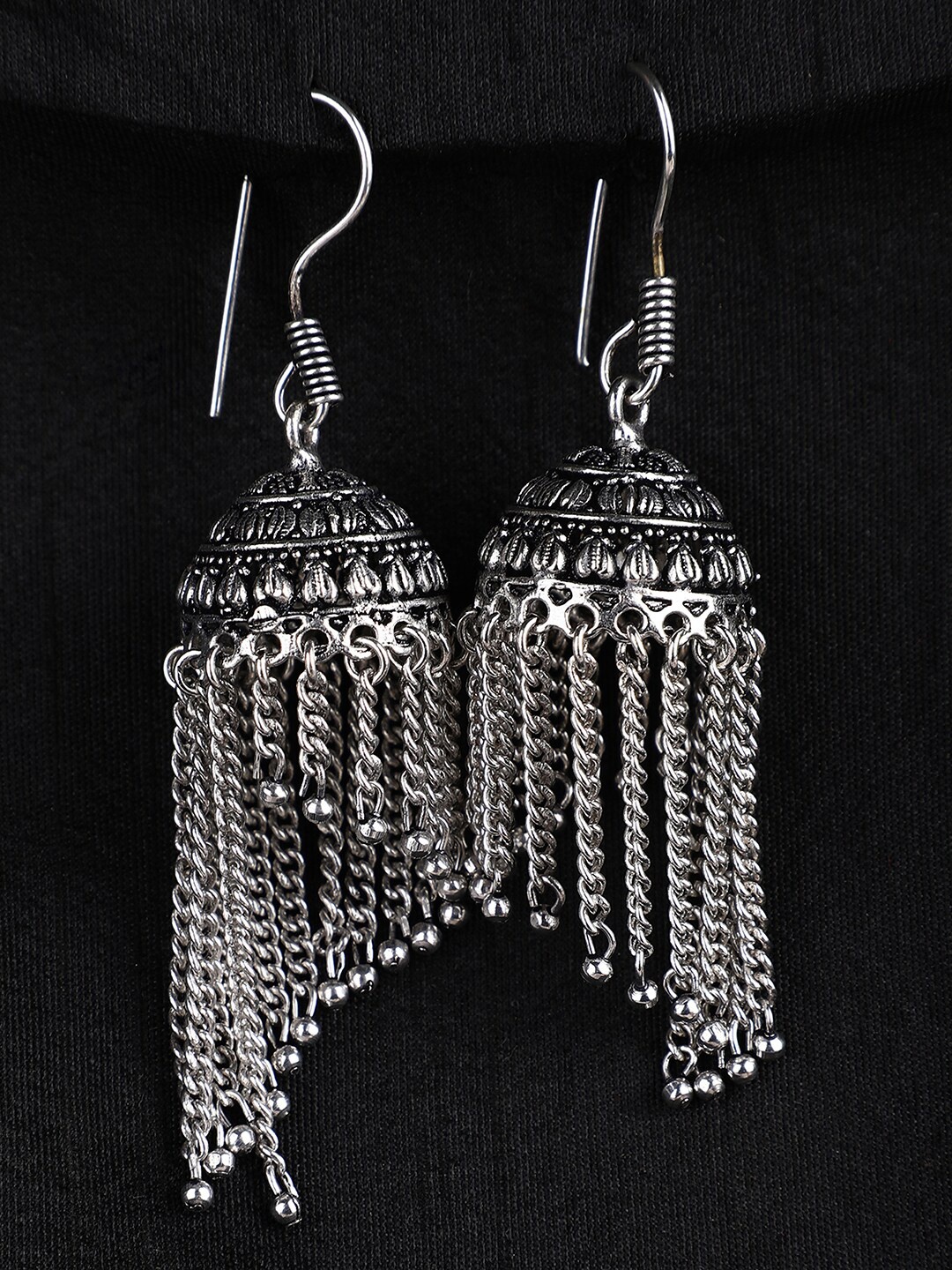 

Bhana Fashion Silver-Toned Oxidised Silver-Plated Jhumkas Earrings