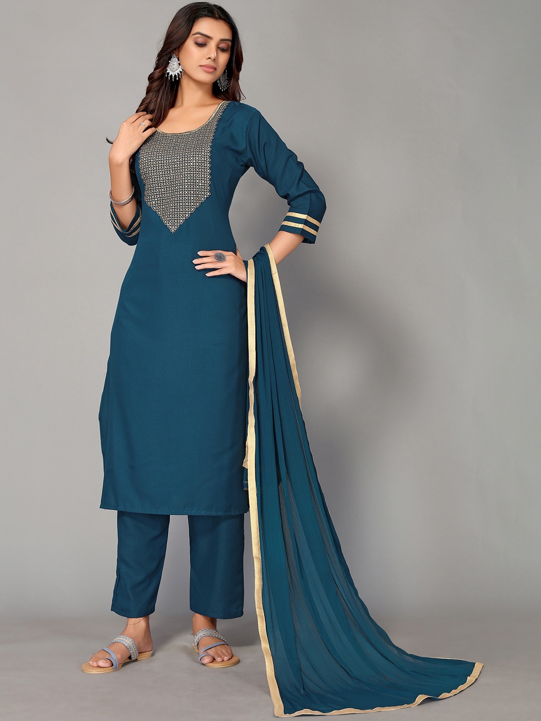 

AA-HA!! Women Teal Floral Embroidered Sequinned Kurta with Trousers & Dupatta