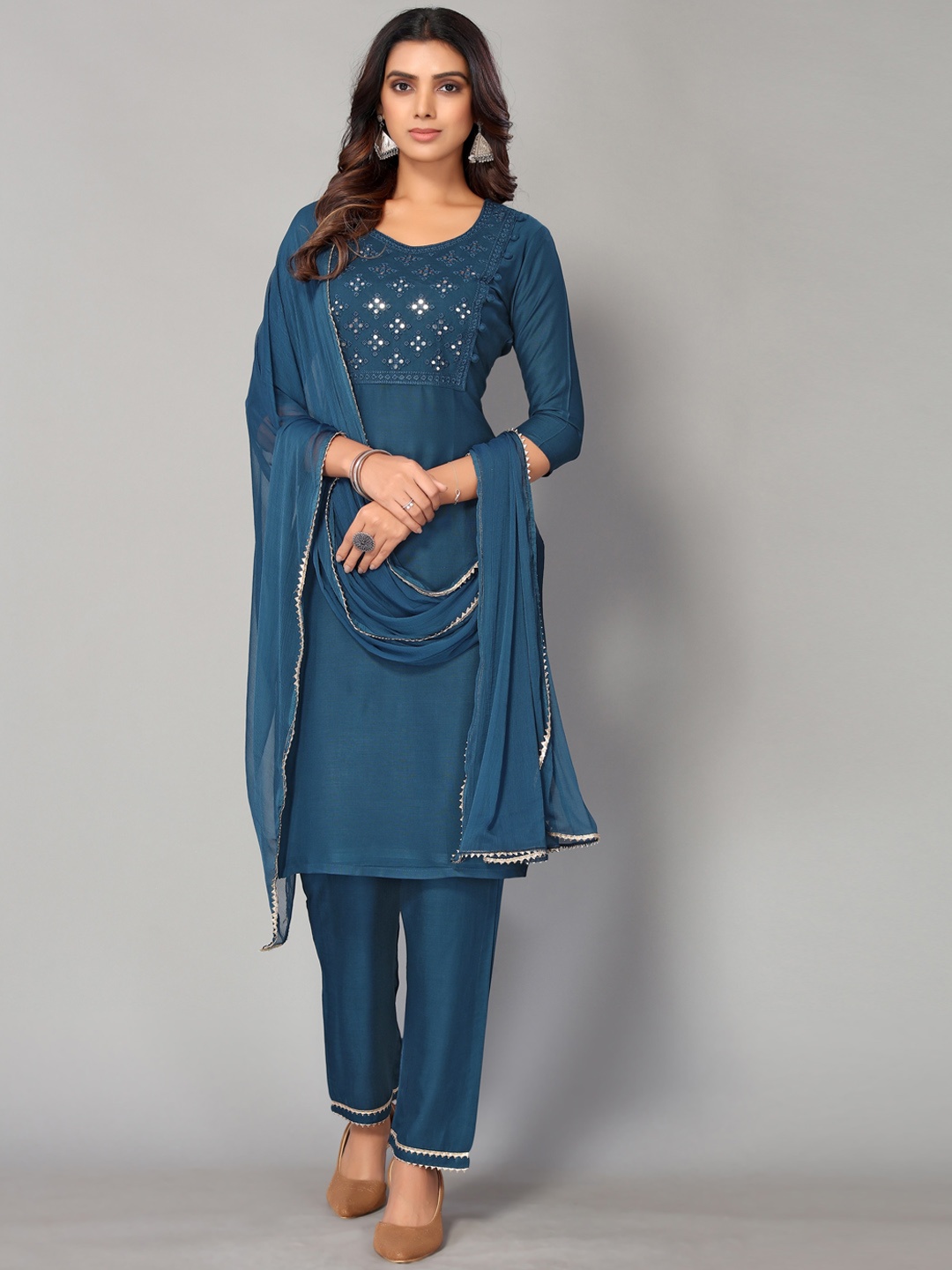 AA-HA!! Women Teal Embroidered Mirror Work Kurta with Trousers & With Dupatta
