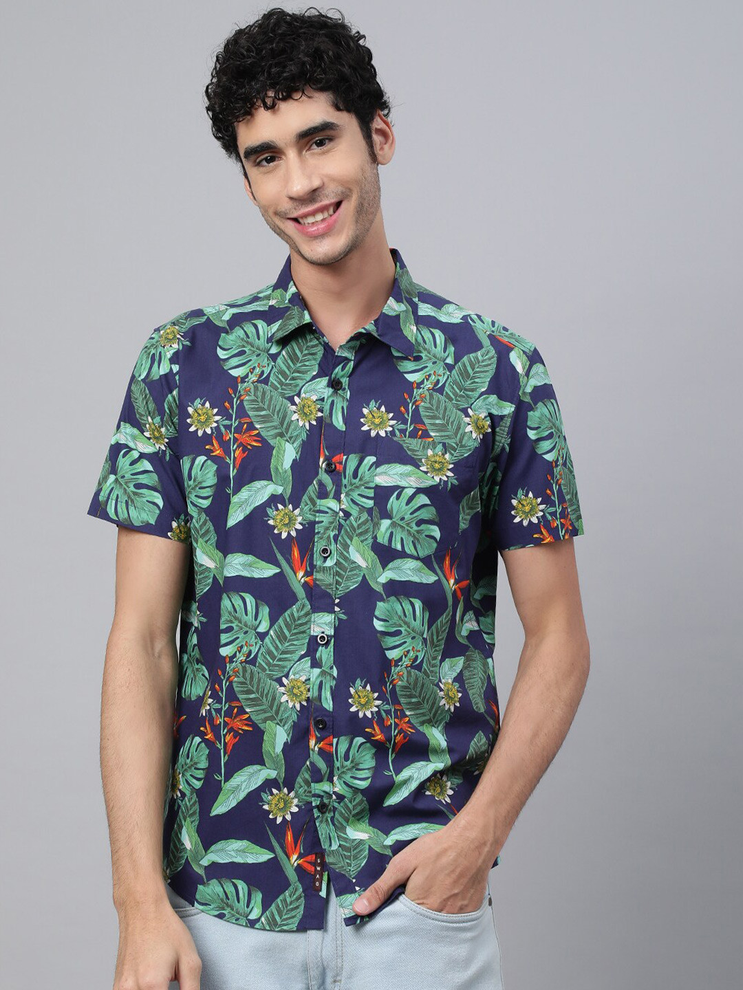 

VEIRDO Men Navy Blue Floral Printed Casual Cotton Shirt