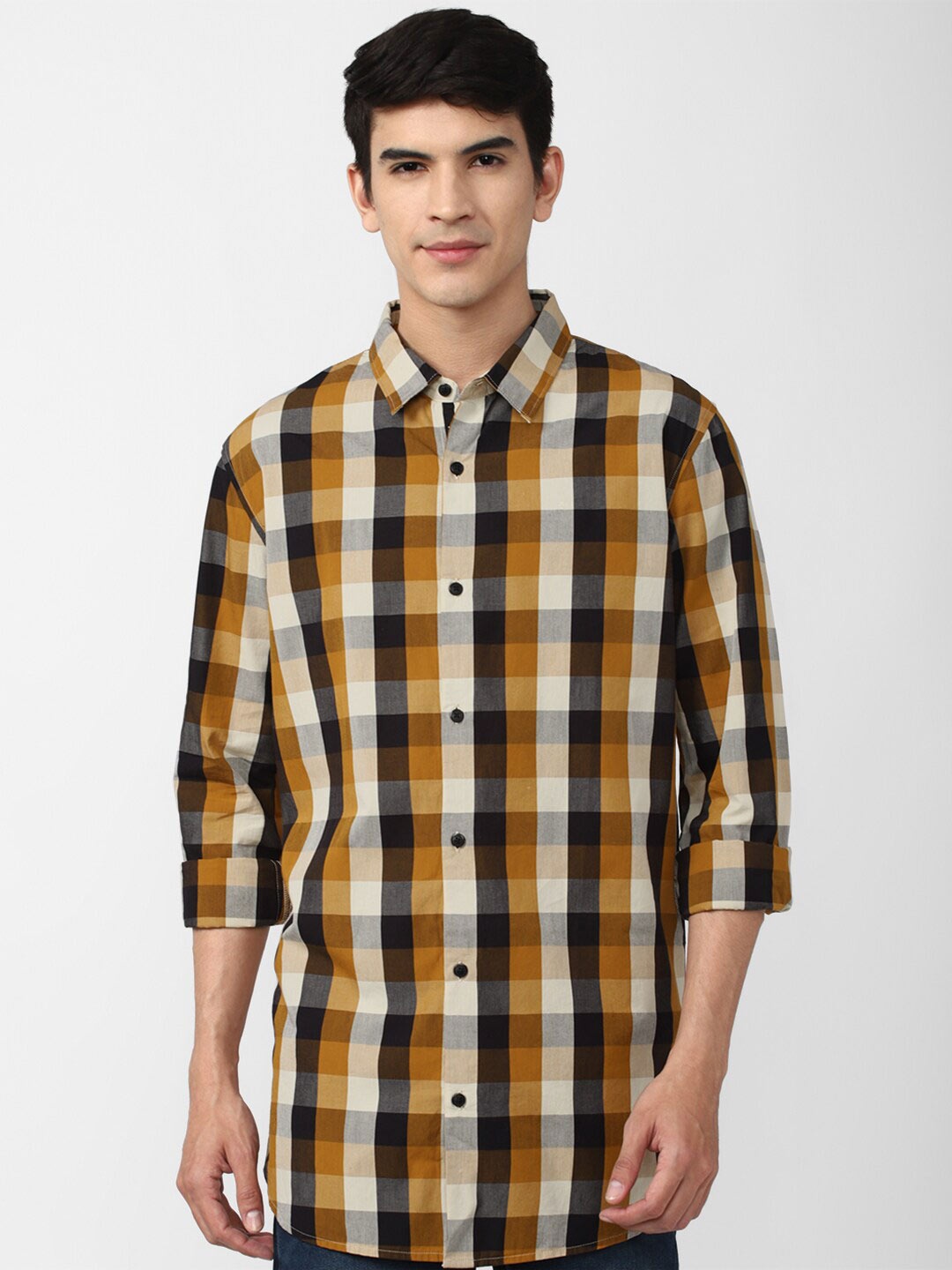 

FOREVER 21 Men Yellow Regular Fit Checked Cotton Casual Shirt