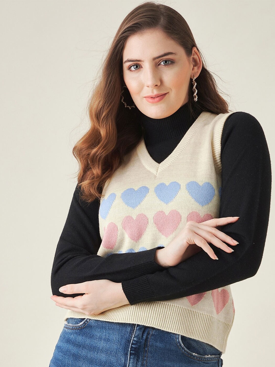 

Modeve Women Yellow & Blue Acrylic Sweater Vest