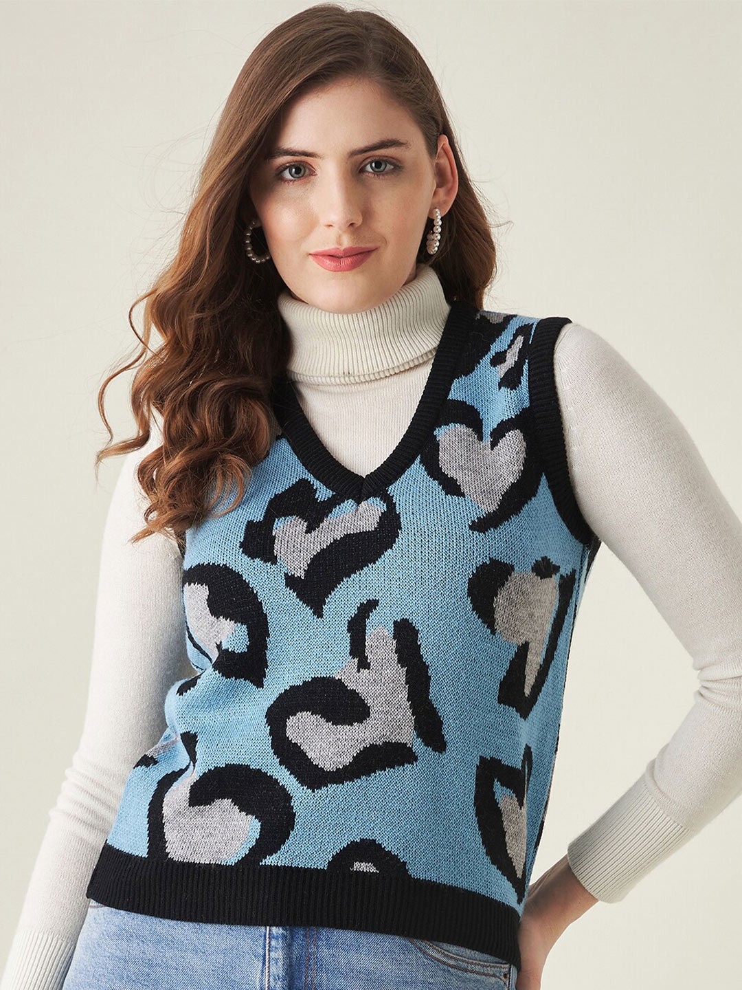 

Modeve Women Blue & Black Animal Acrylic Sweater Vest