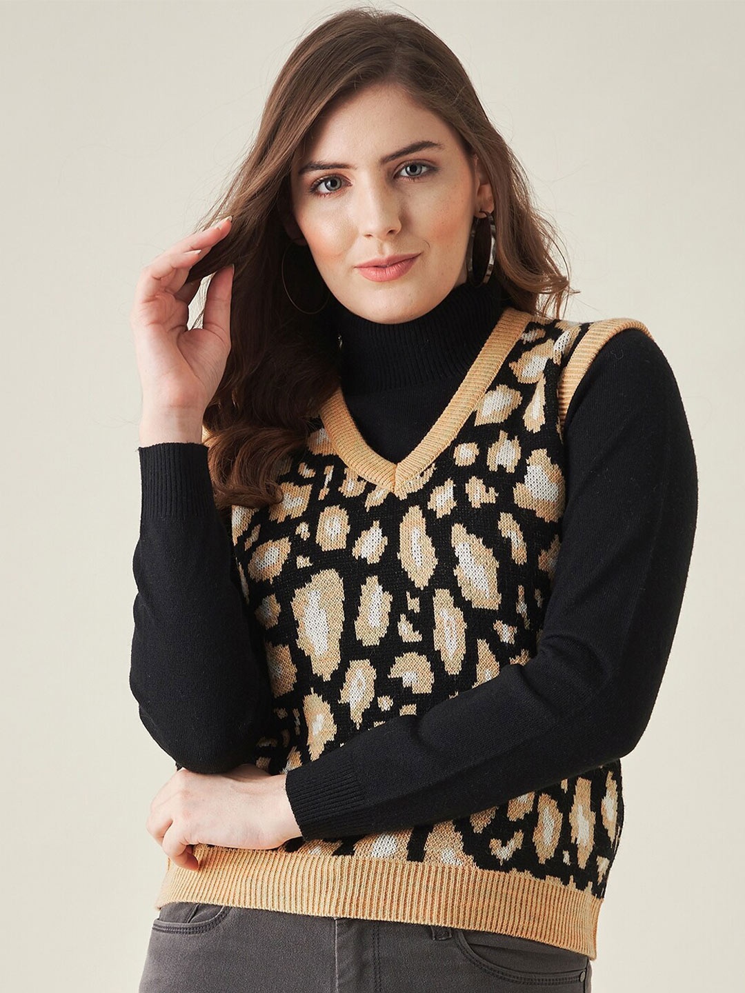 

Modeve Women Black & Mustard Animal Acrylic Sweater Vest