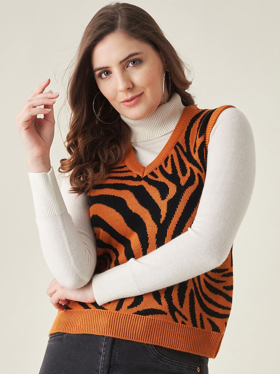 

Modeve Women Orange & Black Animal Acrylic Sweater Vest