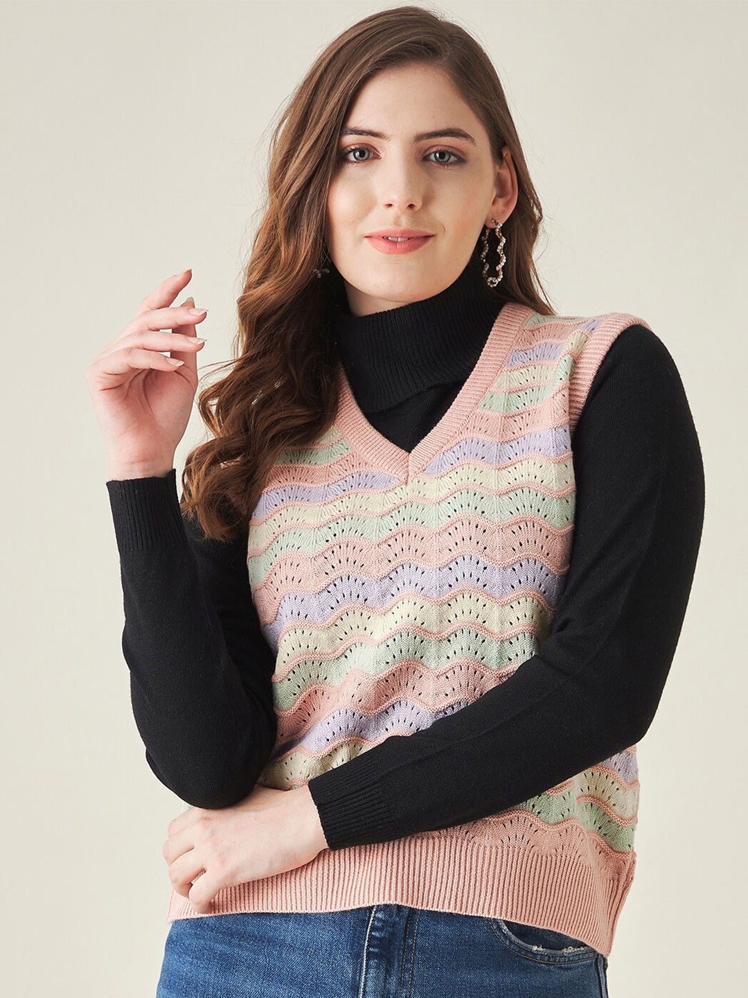 

Modeve Women Peach-Coloured & Purple Acrylic Cable Knit Sweater Vest