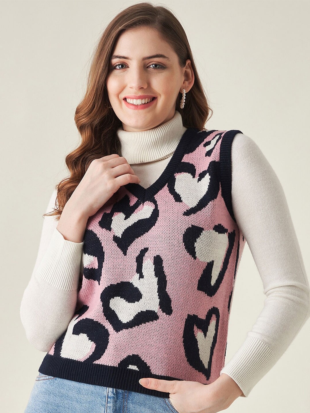

Modeve Women Pink & Black Animal Acrylic Sweater Vest