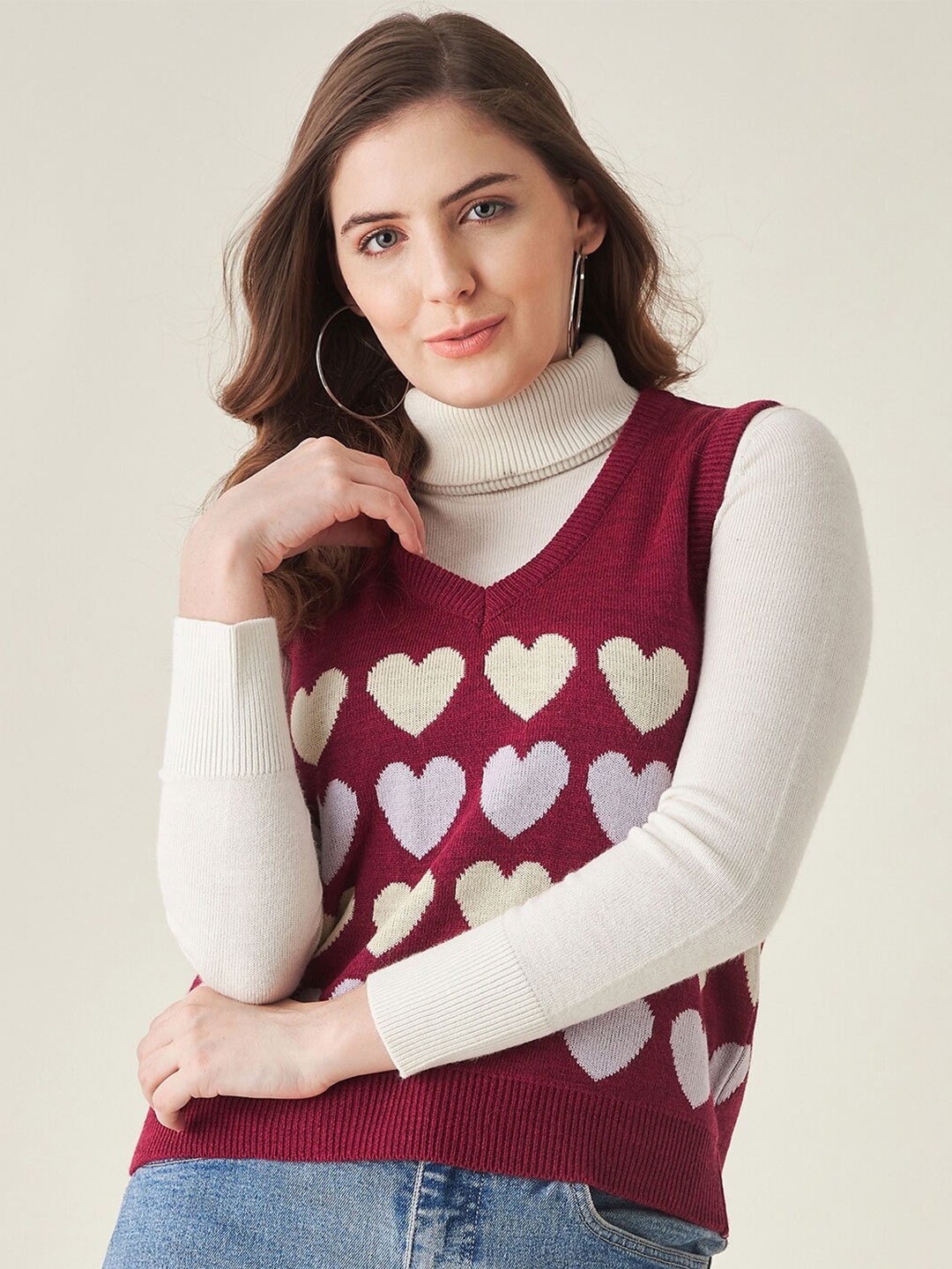 

Modeve Women Maroon & Cream-Coloured Acrylic Sweater Vest