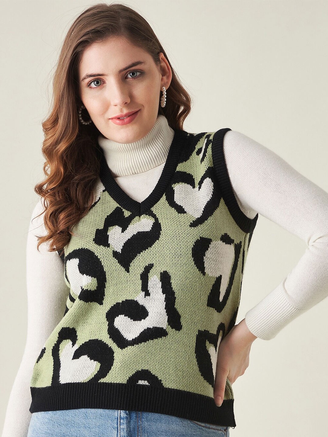 

Modeve Women Green & Black Animal Acrylic Sweater Vest