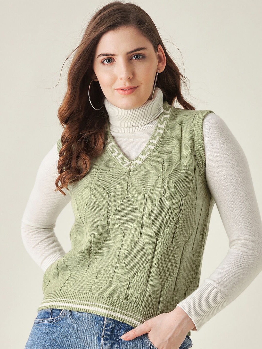 

Modeve Women Green & White Acrylic Sweater Vest