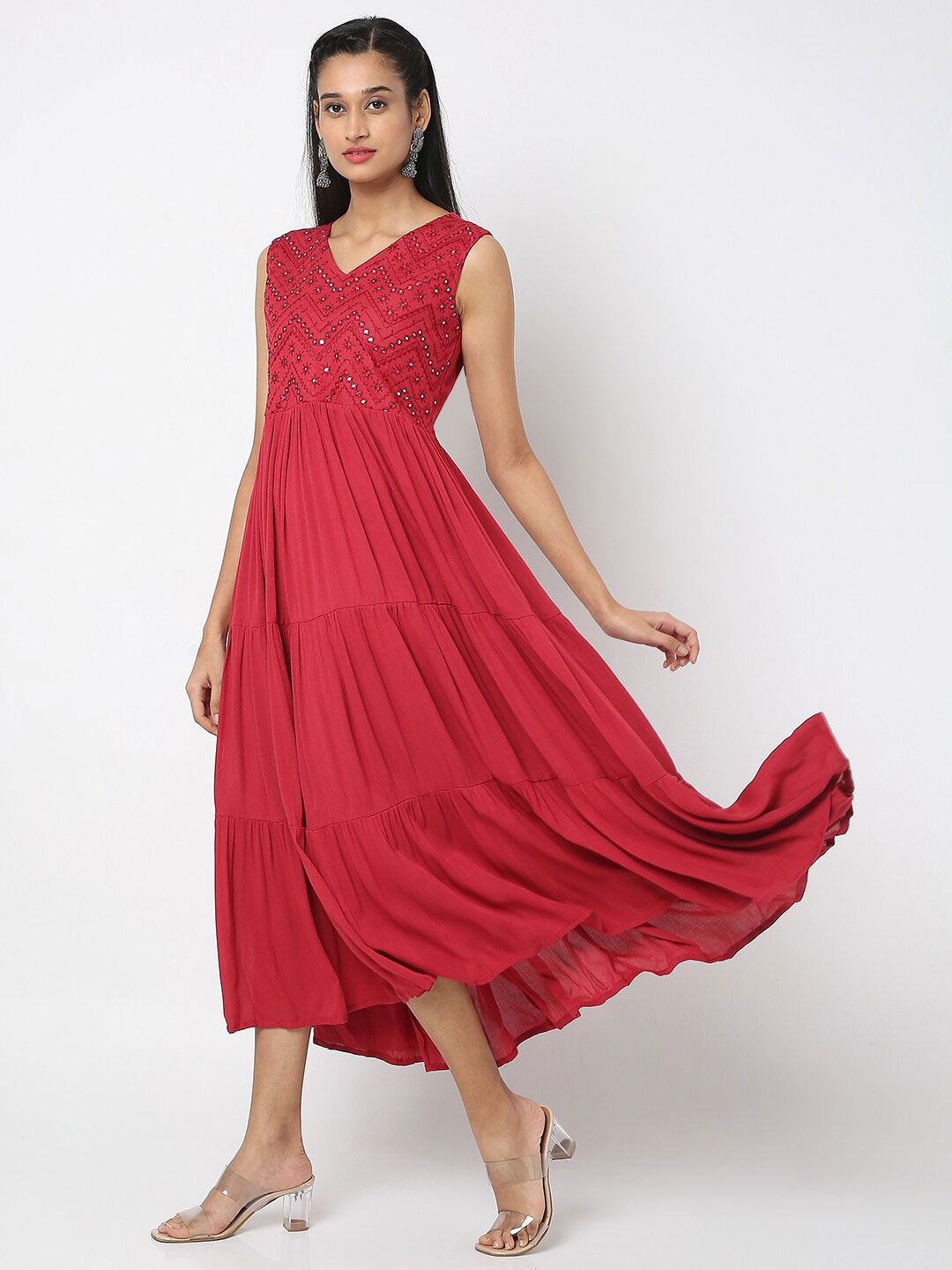 

Ethnicity Red Embellished Crepe Midi Dress