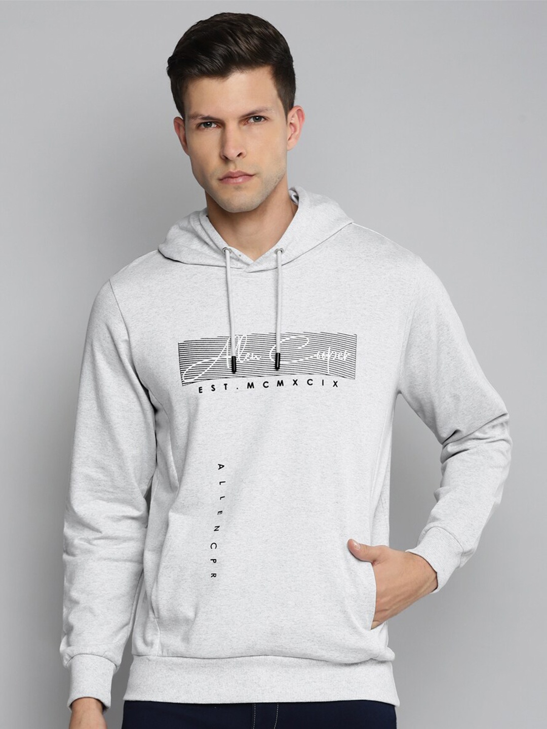 

Allen Cooper Men Grey Printed Hooded Sweatshirt