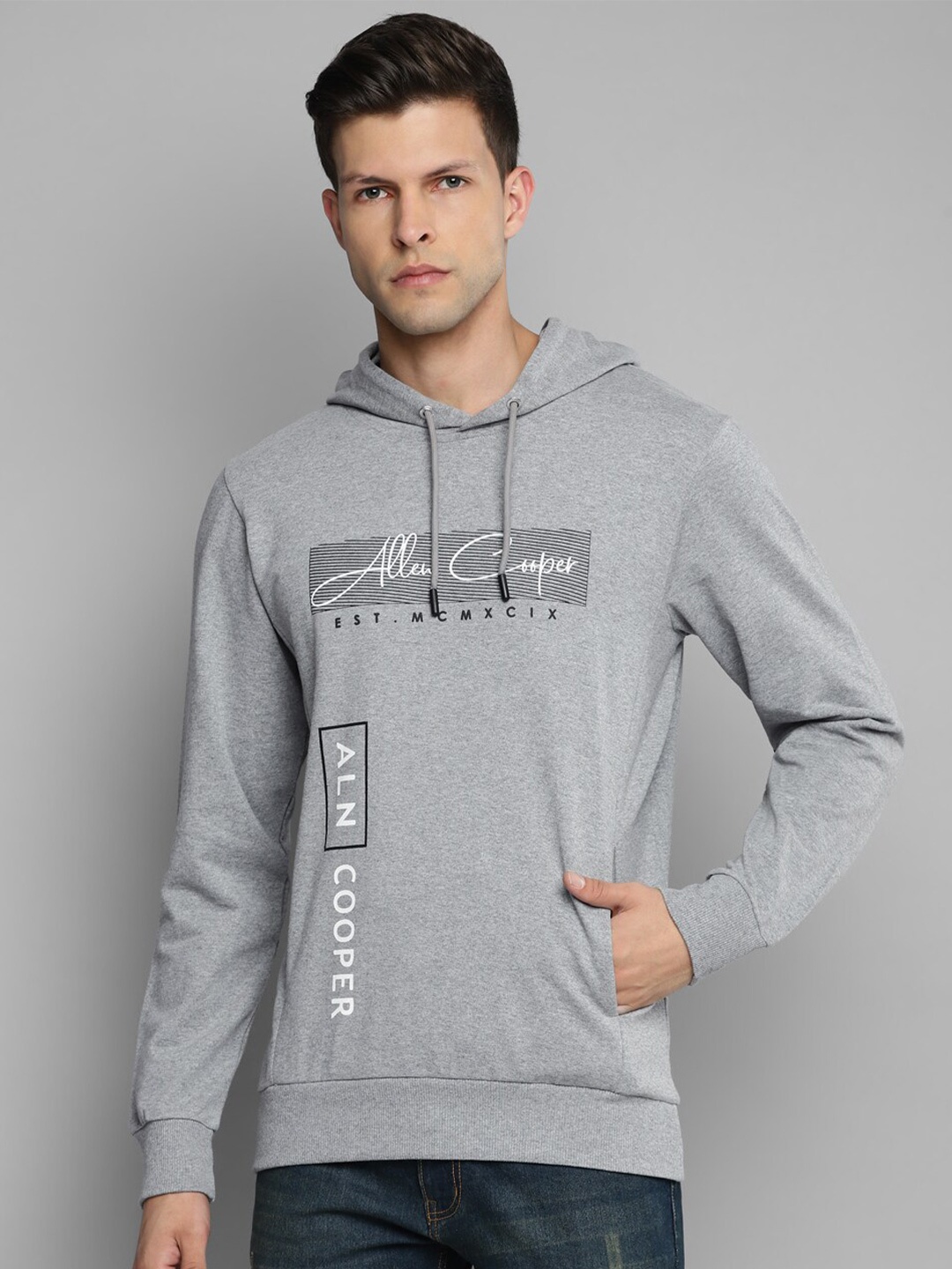 

Allen Cooper Men Grey Printed Hooded Sweatshirt