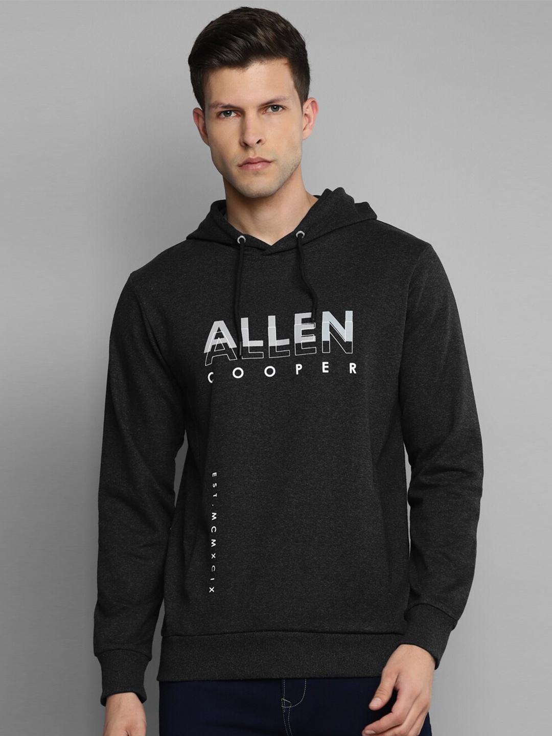 

Allen Cooper Men Black Printed Hooded Sweatshirt