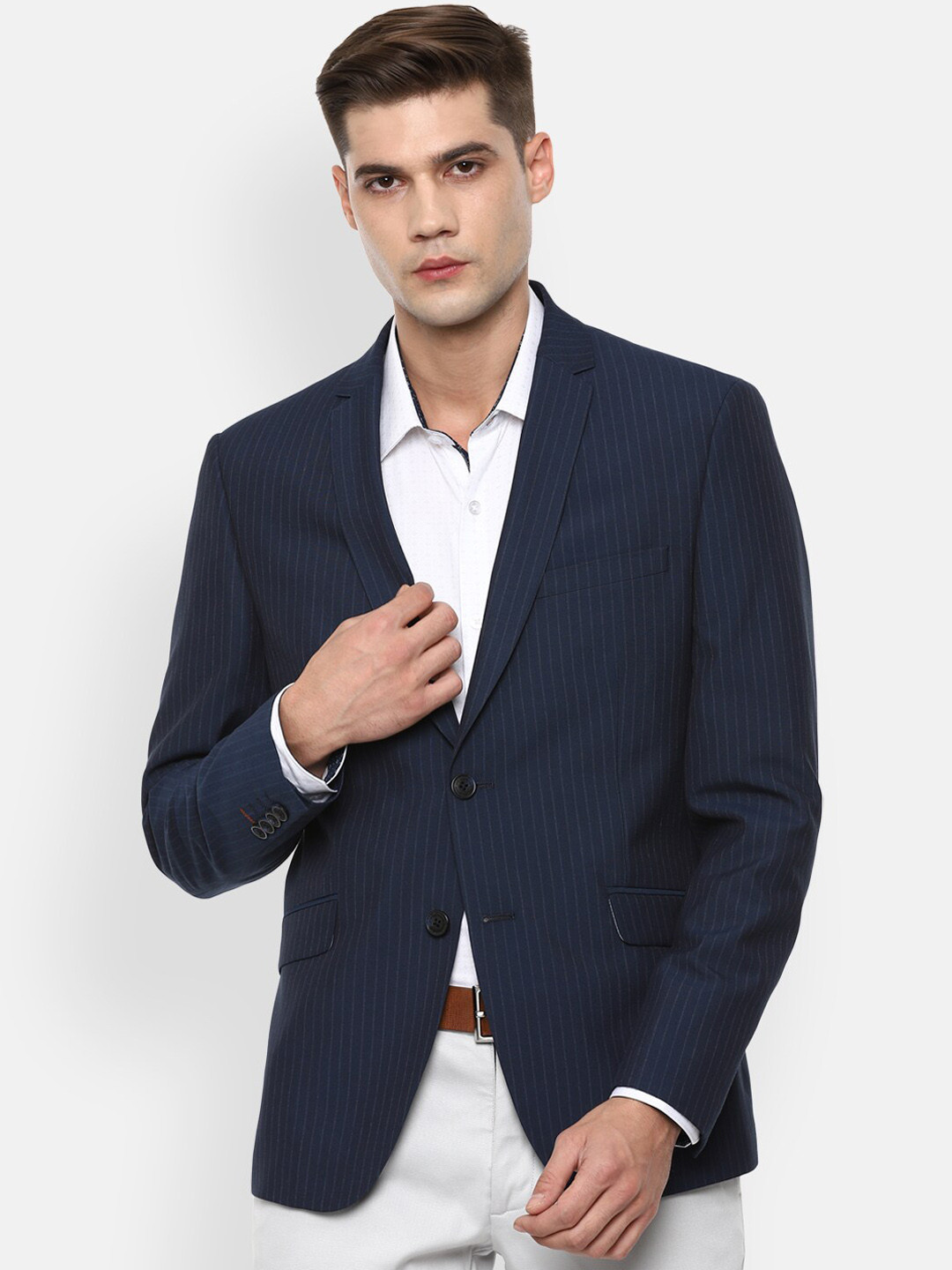 

V Dot Men Navy Blue Striped Single-Breasted Slim Fit Formal Blazer