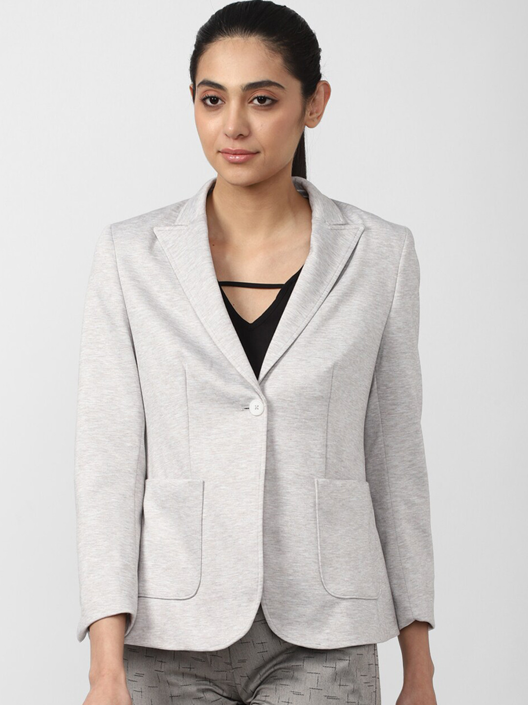 

Van Heusen Woman Women Grey Self Design Single Breasted Pure Cotton Casual Blazer