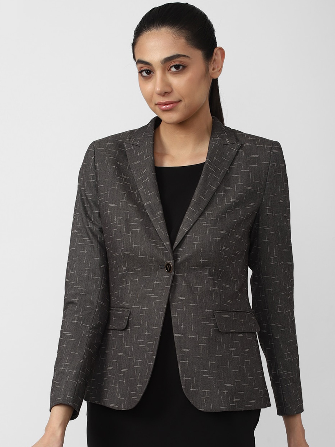 

Van Heusen Woman Women Grey Self-Design Pure Cotton Single Breasted Blazer