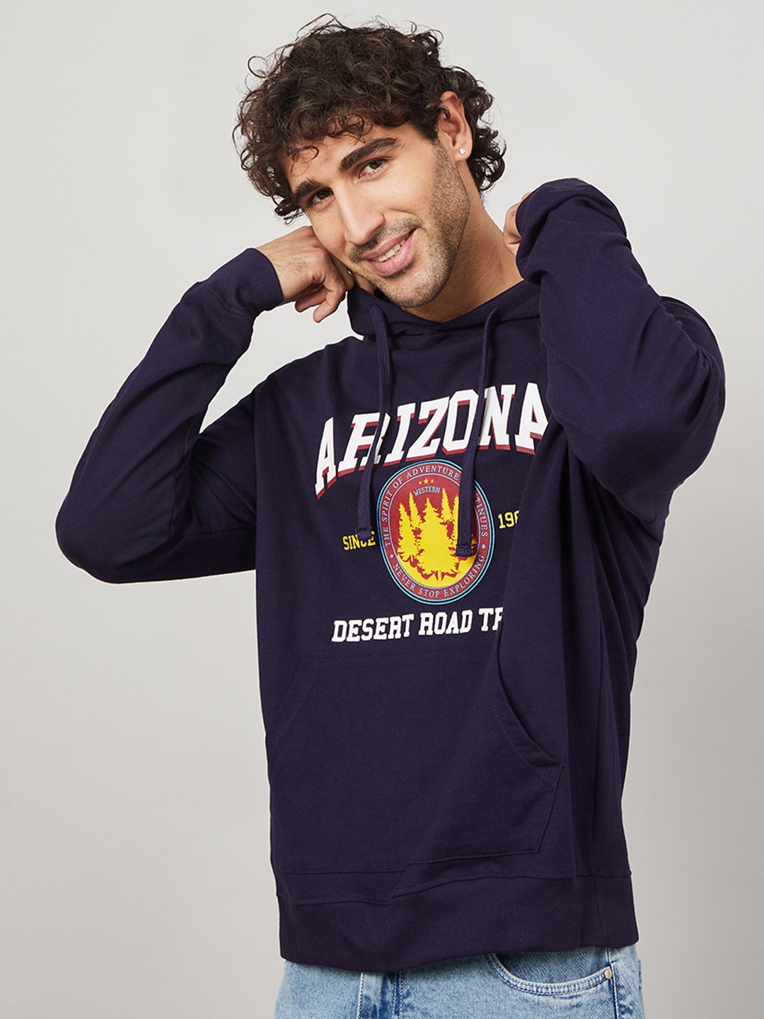 

Styli Graphic Printed Pure Cotton Hooded Sweatshirt, Navy blue