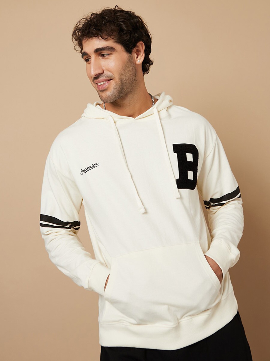 

Styli Embroidered Hooded Pure Cotton Sweatshirt, Cream