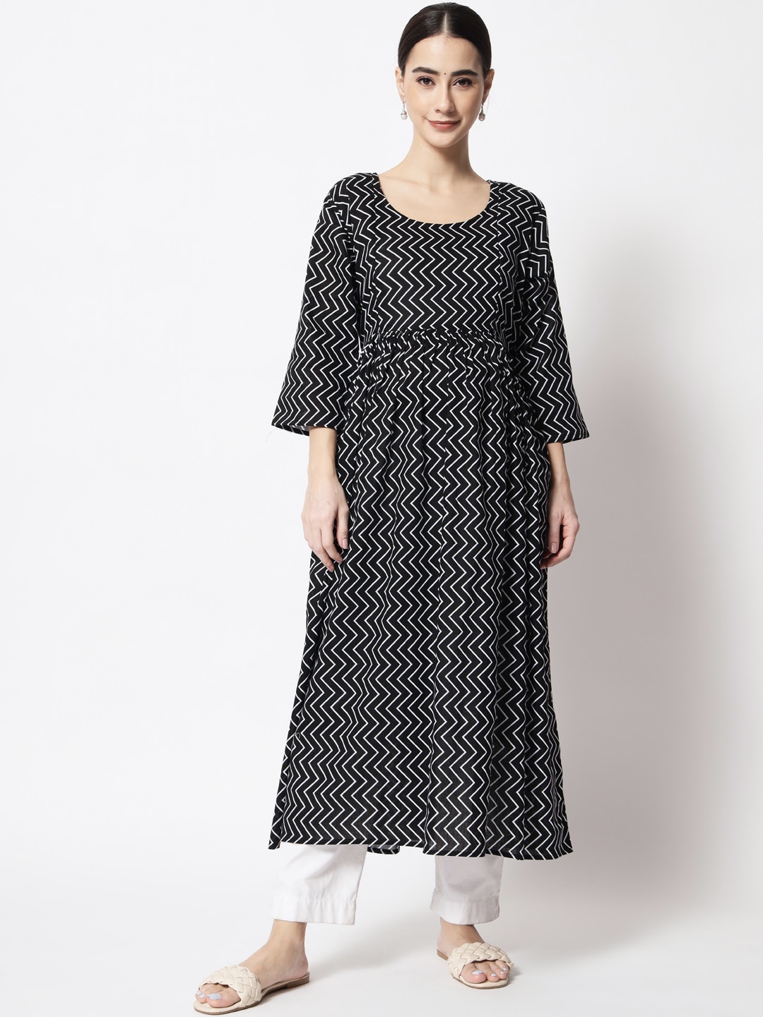 

Aujjessa Women Geometric Printed Thread Work Maternity Anarkali Cotton Kurta, Black