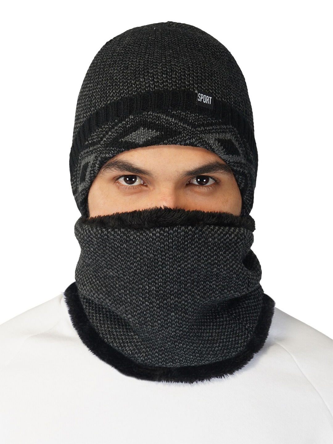 

iSWEVEN Black Caps with Neck Warmer 2 In1 Beanie