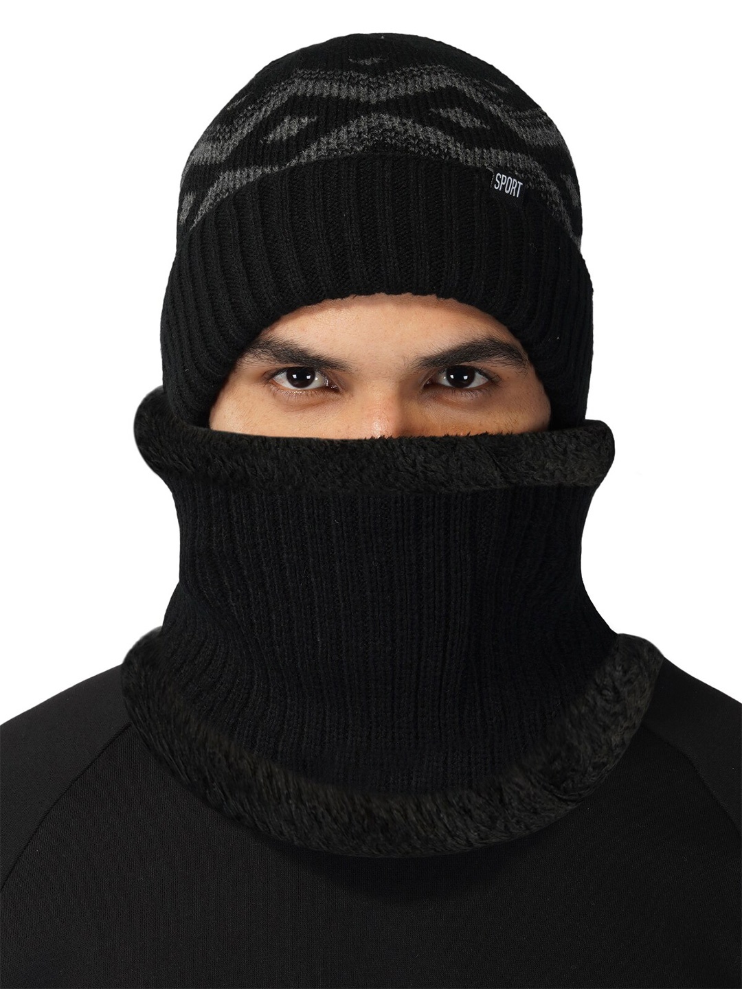 

iSWEVEN Black & Grey Caps with Neck Warmer 2 In1 Beanie