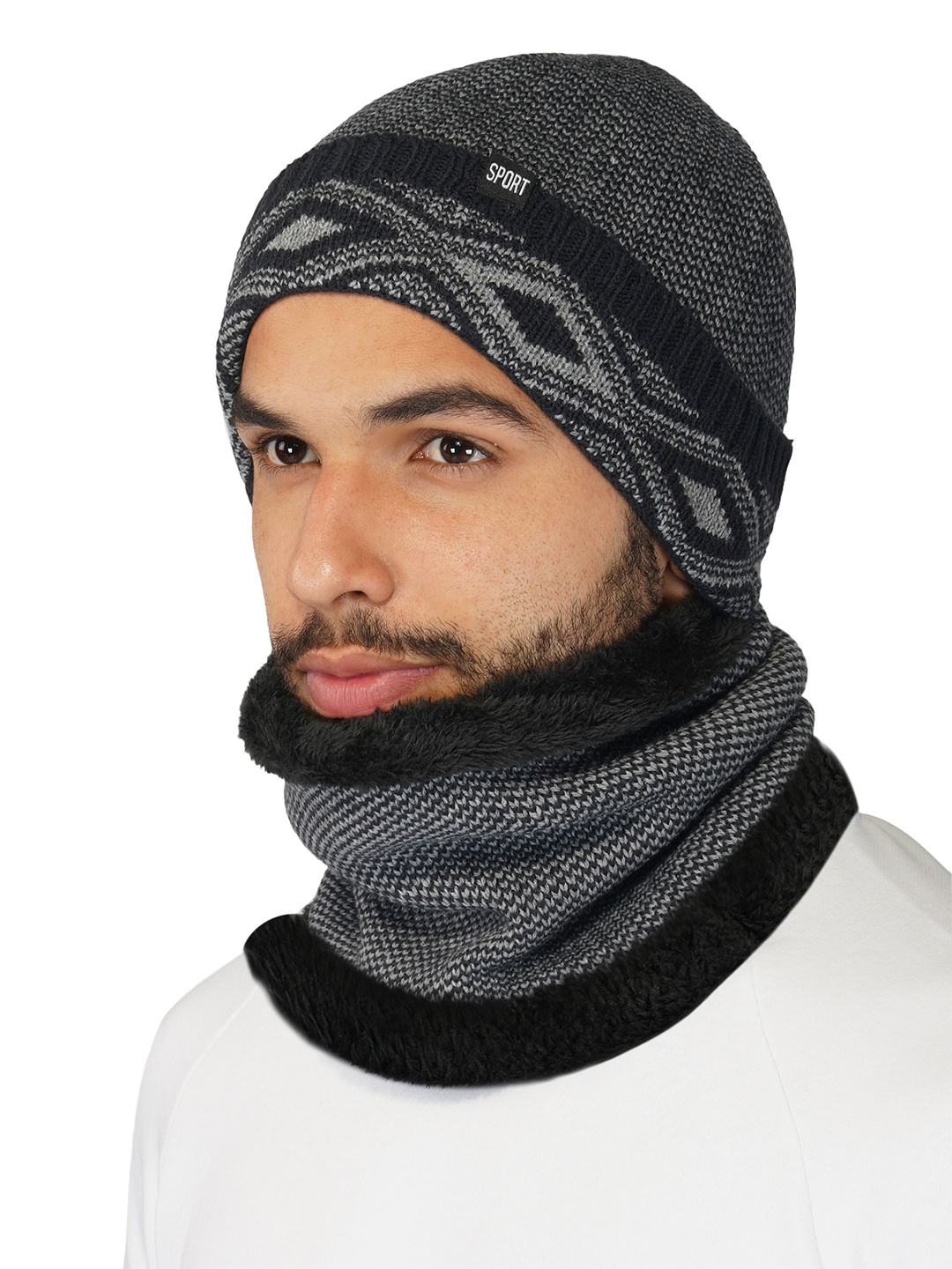 

iSWEVEN Grey & Black Caps with Neck Warmer 2 In1 Beanie