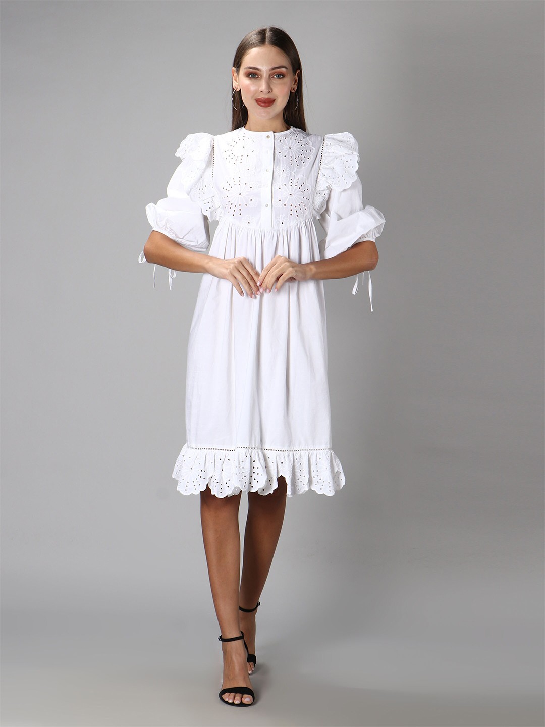 

Amagyaa Women White Self Design Puff Sleeve Dress