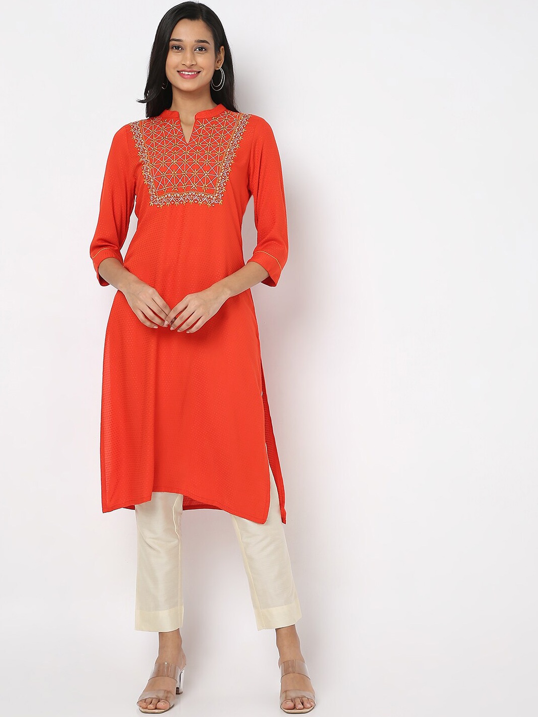 

Ethnicity Women Orange Ethnic Motifs Yoke Design Thread Work Kurta