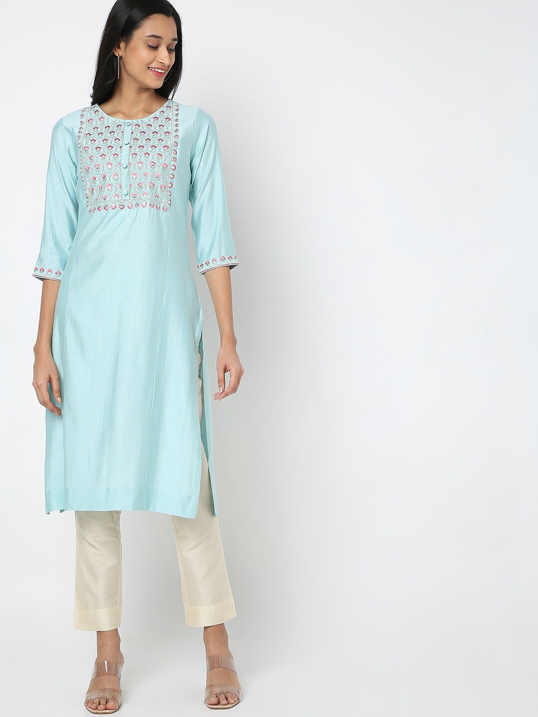 

Ethnicity Women Blue Ethnic Motifs Yoke Design Flared Sleeves Thread Work Organic Cotton Kurta