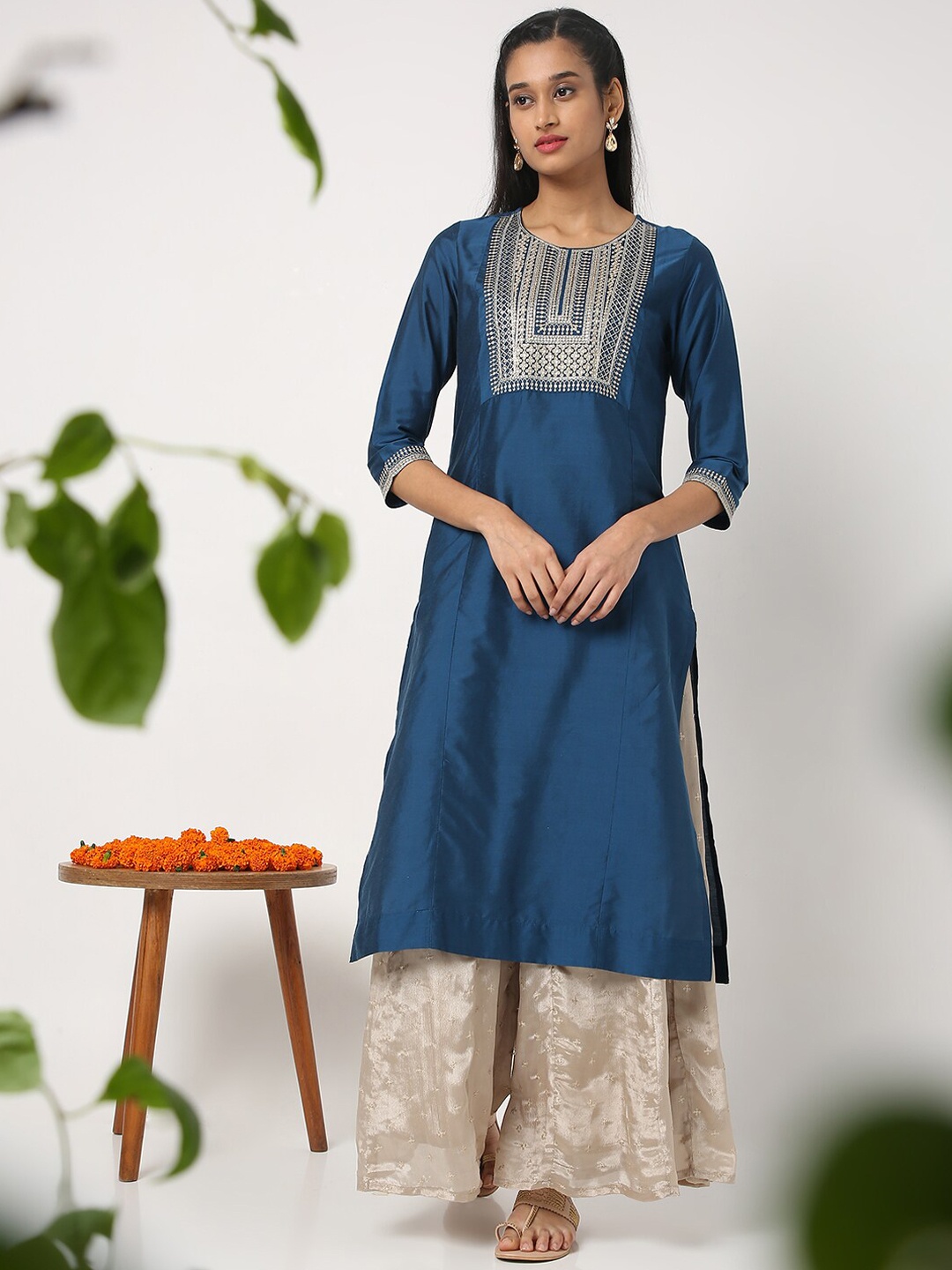 

Ethnicity Women Navy Blue Yoke Design Thread Work Kurta