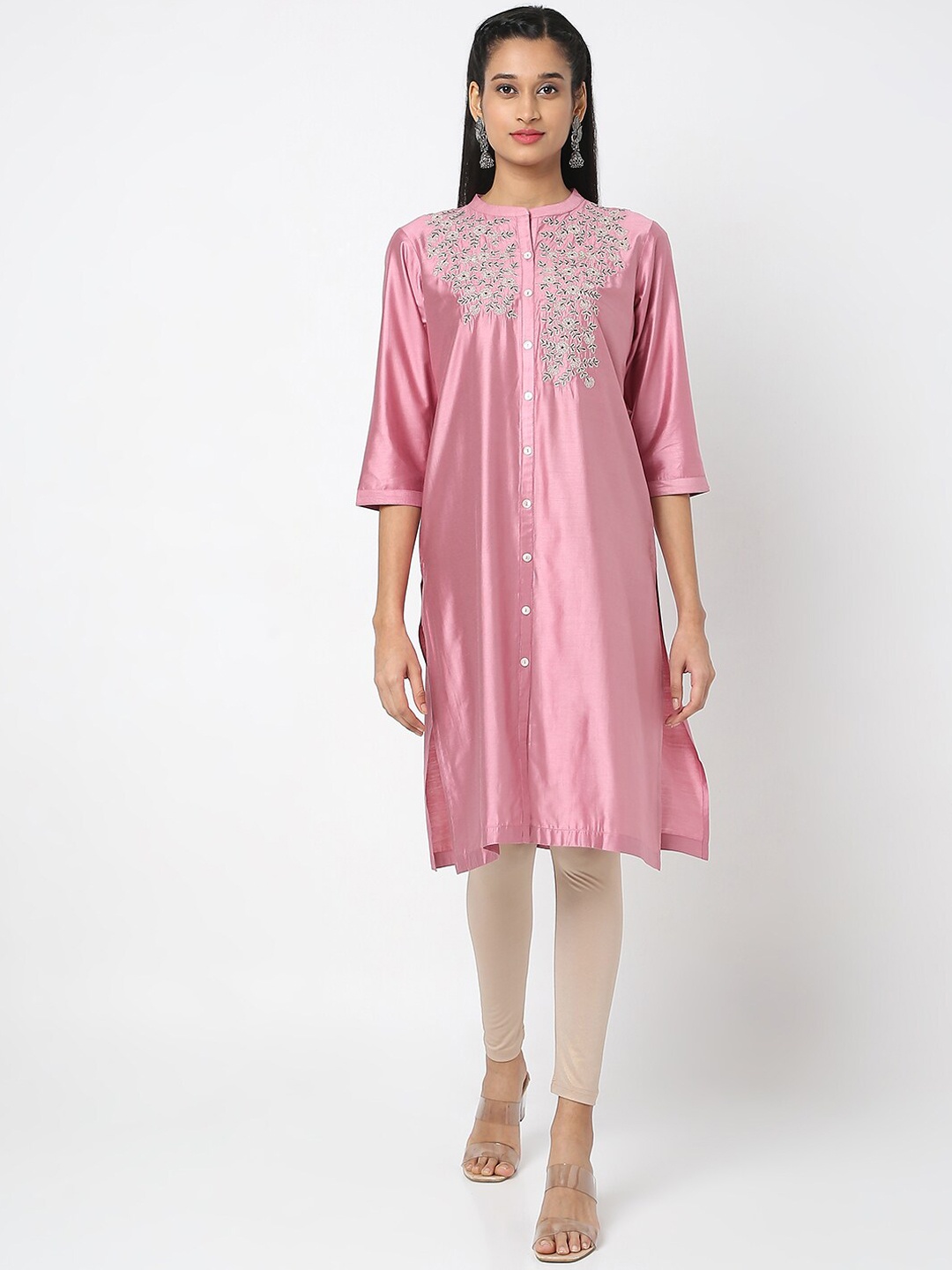 

Ethnicity Women Pink Embroidered Organic Cotton Kurta