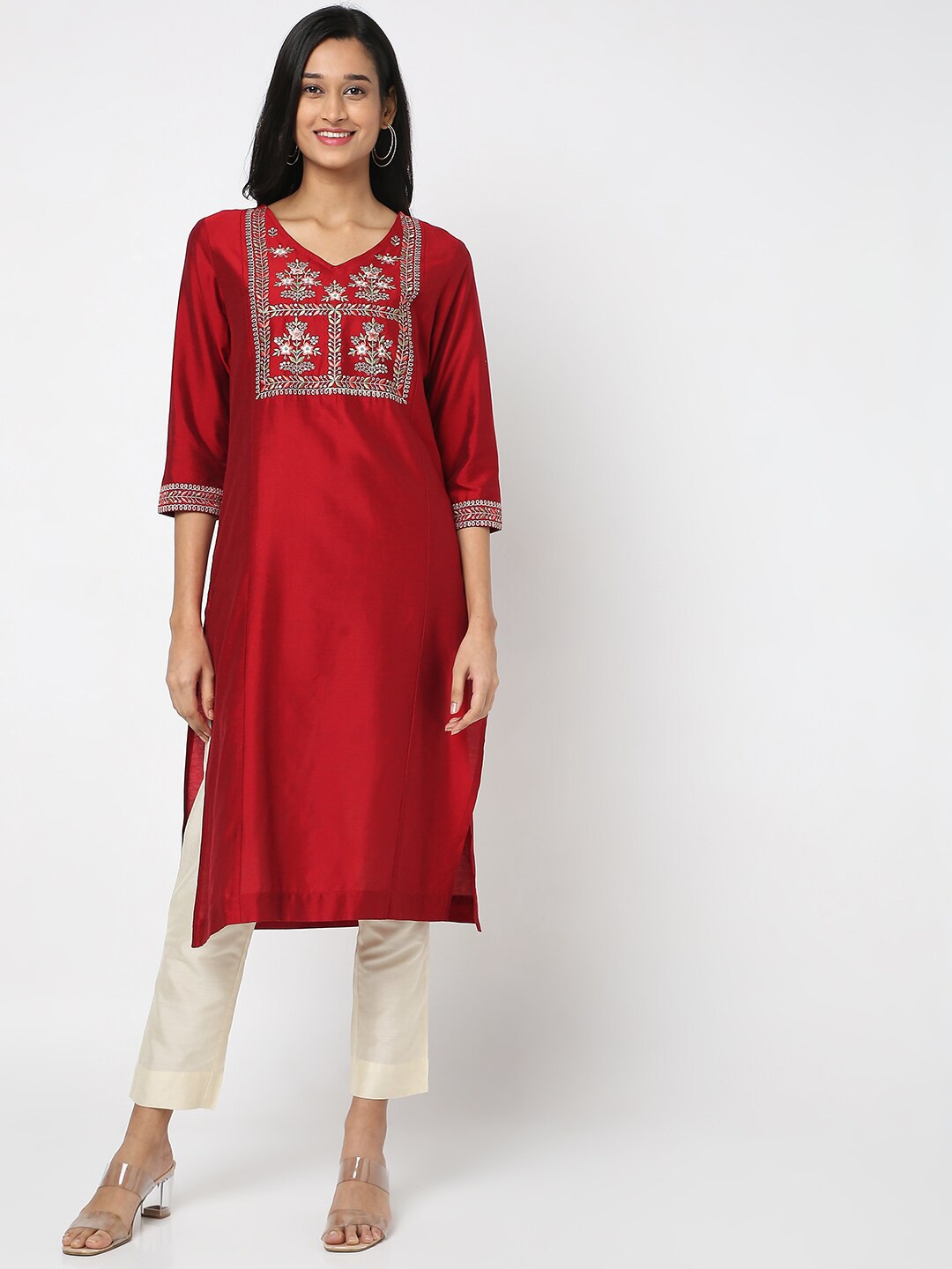 

Ethnicity Women Maroon Ethnic Motifs Yoke Design Thread Work Kurta