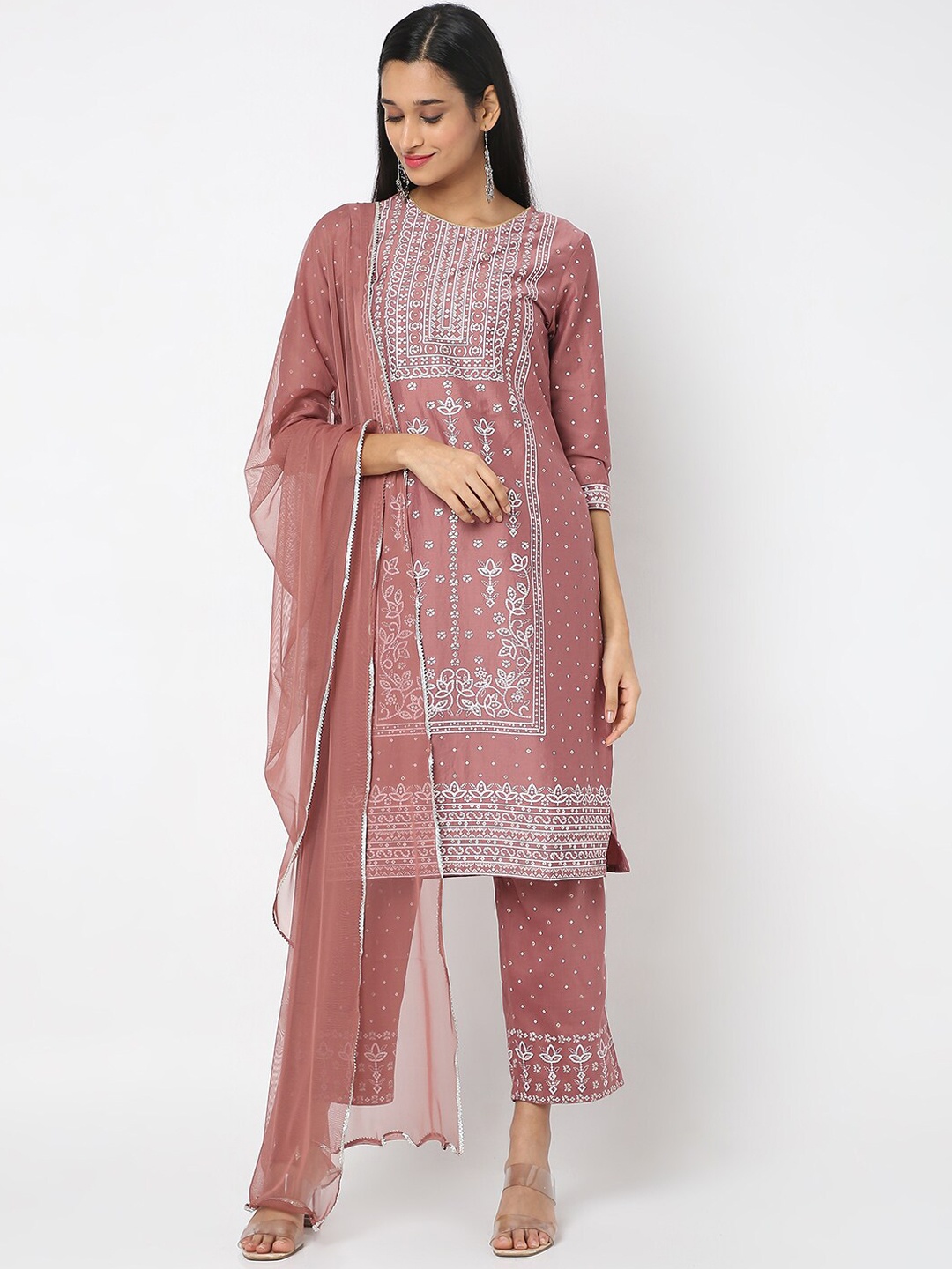 

Ethnicity Women Mauve Ethnic Motifs Printed Raw Silk Kurta