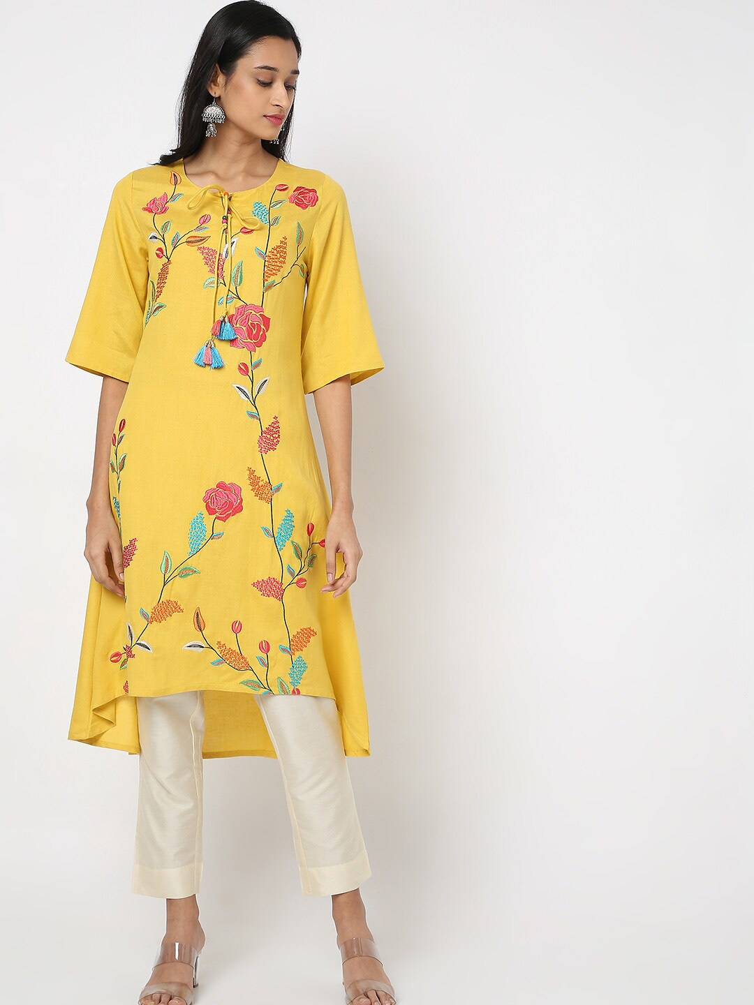 

Ethnicity Women Yellow Floral Printed Flared Sleeves Thread Work Kurta