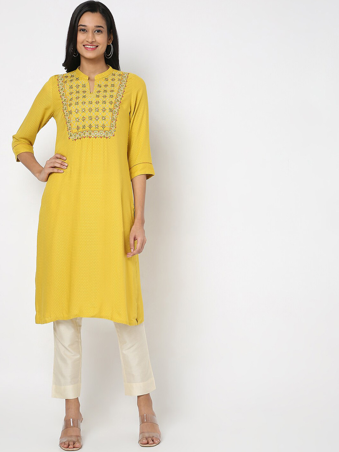 

Ethnicity Women Yellow Ethnic Motifs Keyhole Neck Kurta