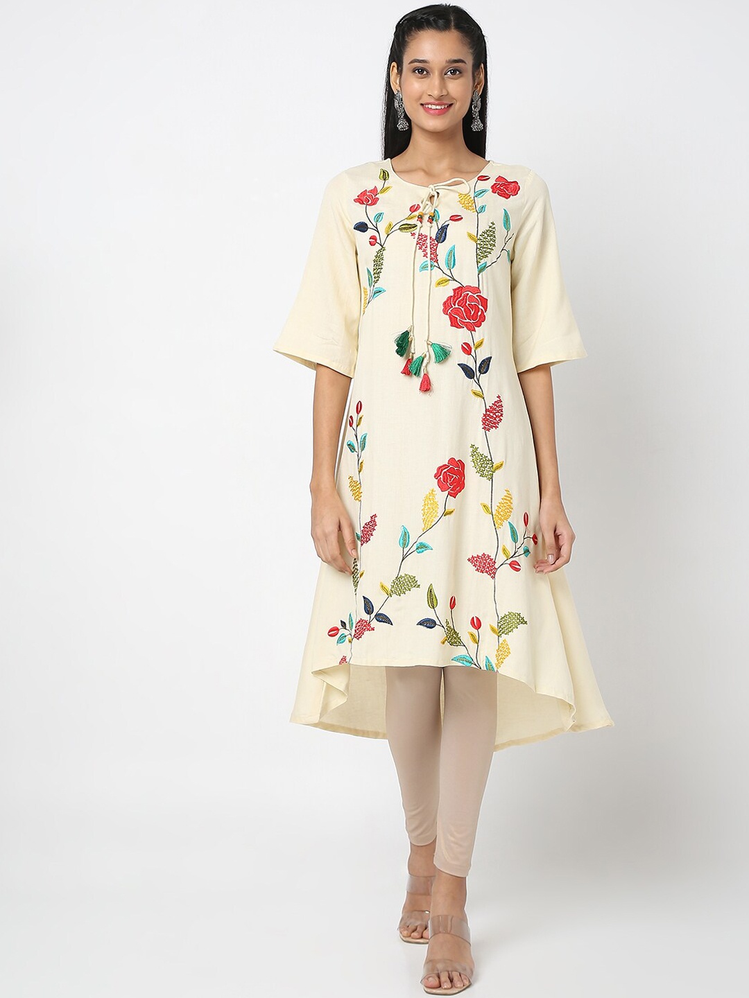 

Ethnicity Women Off White Floral Printed Flared Sleeves Thread Work Kurta