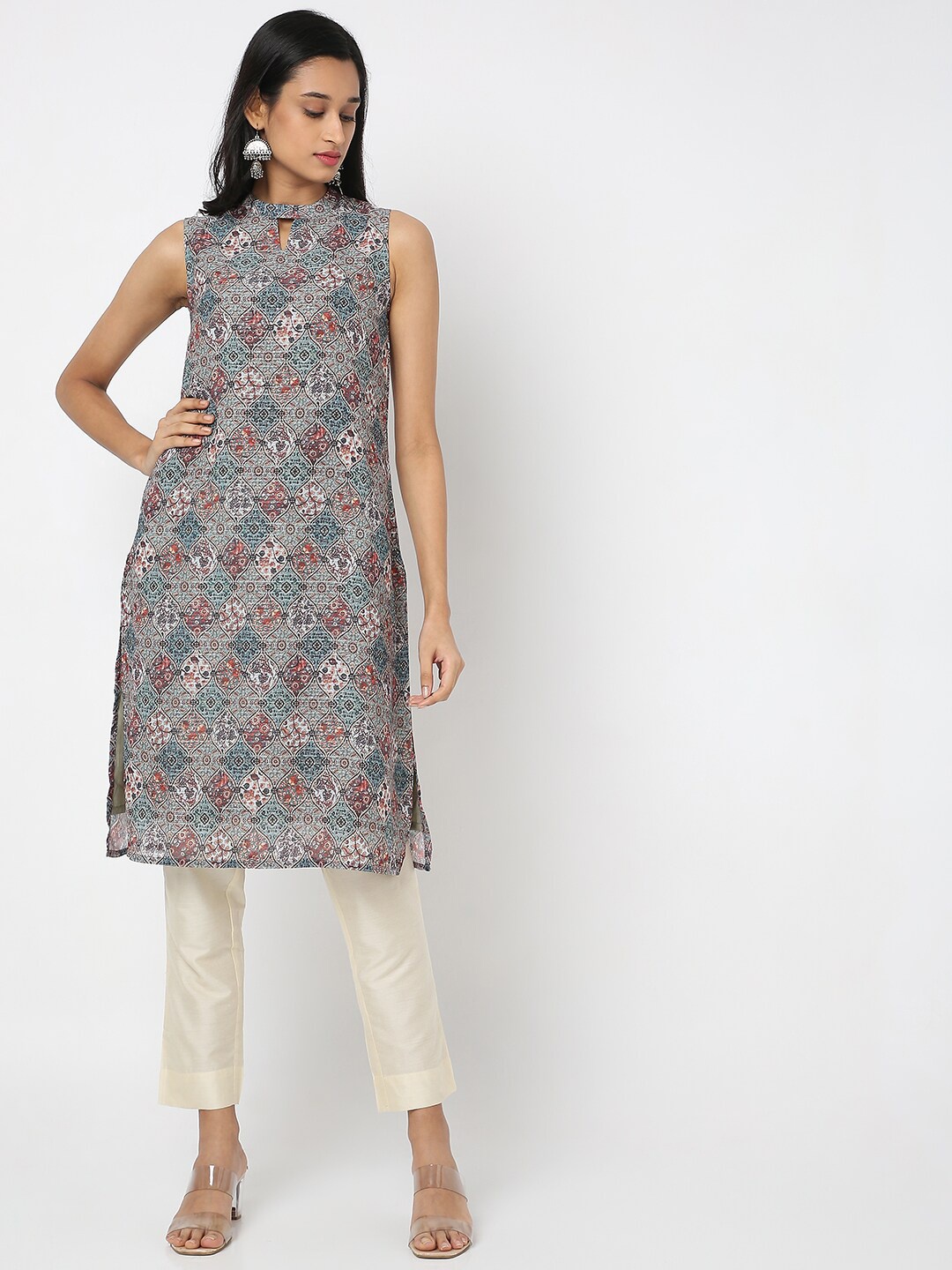 

Ethnicity Women Grey Printed Keyhole Neck Kurta