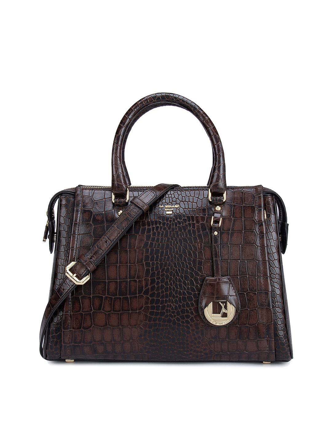 

Da Milano Brown Textured Leather Structured Handheld Bag with Tasselled