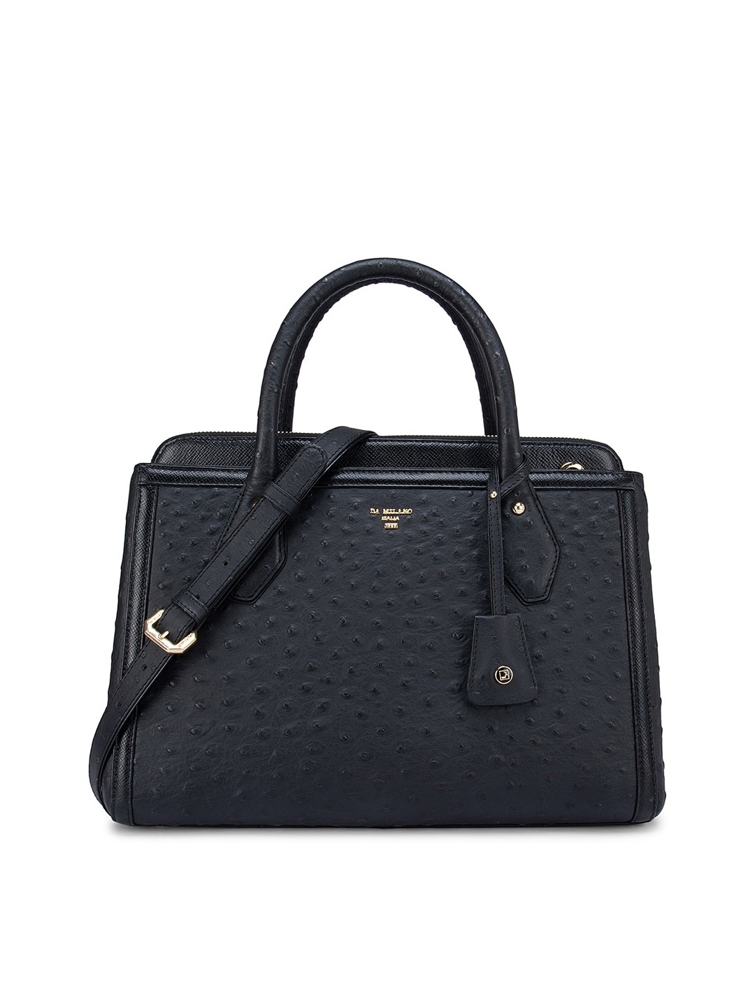 

Da Milano Black Textured Leather Structured Handheld Bag with Tasselled
