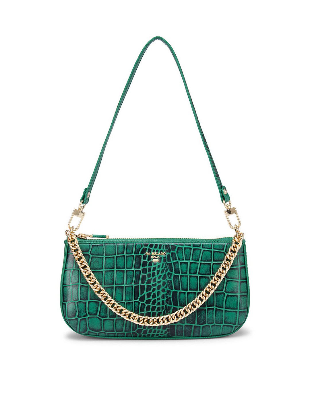 

Da Milano Green Textured Half Moon Leather Baguette Bag