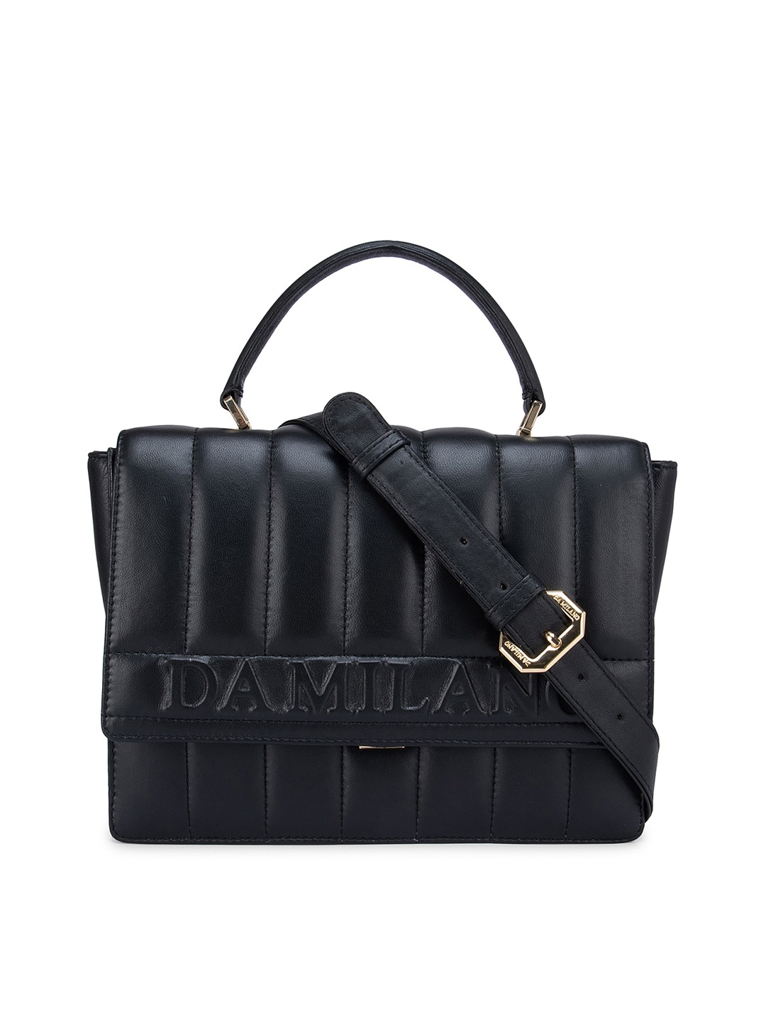 

Da Milano Black Leather Structured Satchel with Quilted