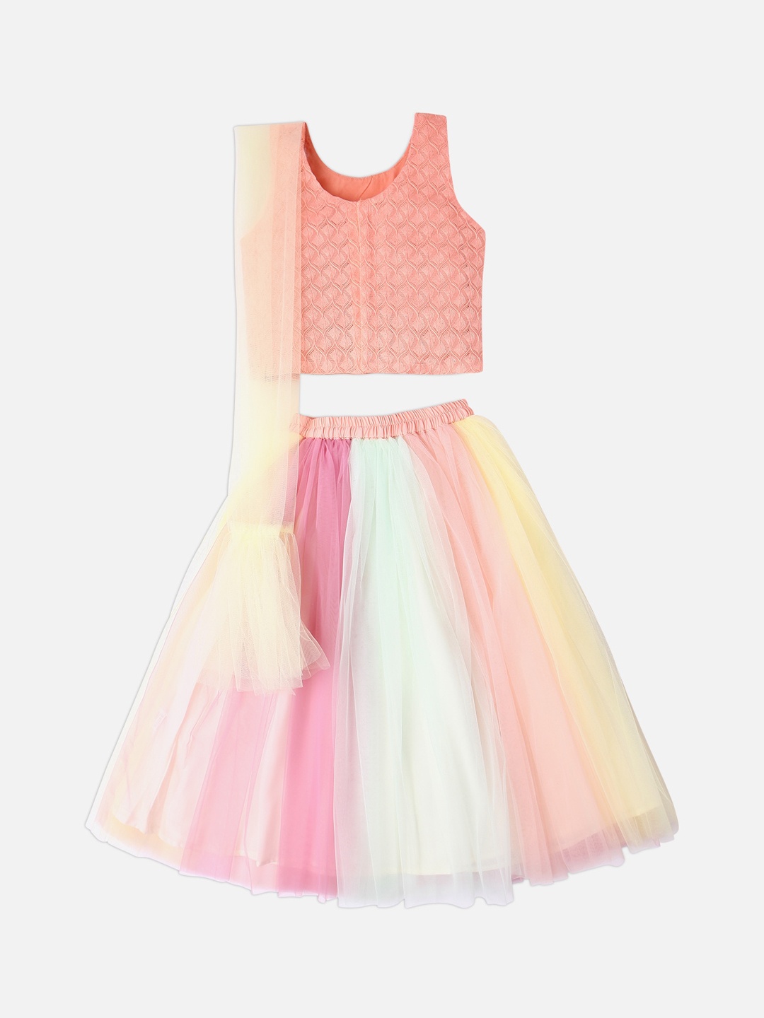 

Ethnicity Girls Peach-Coloured & Green Ready to Wear Lehenga & Blouse With Dupatta