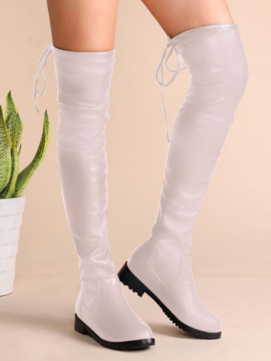 

Shoetopia Girls Cream-Colored Solid High-Top Block-Heeled Slouchy Boots