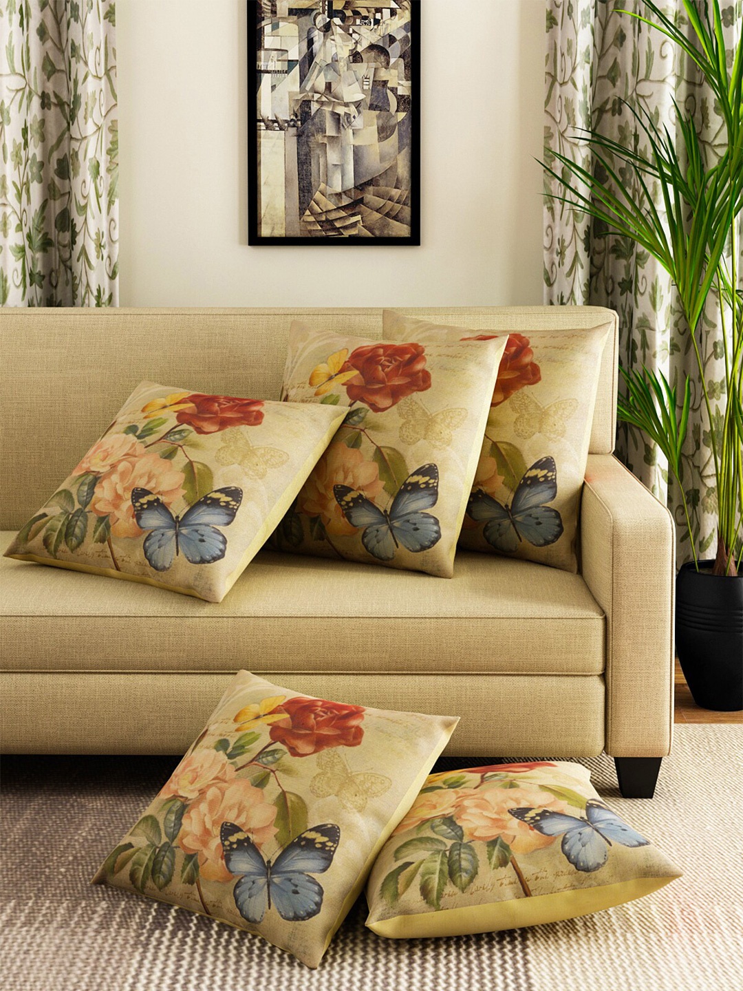 

ROMEE Beige & Blue Set of 5 Floral Square Cushion Covers