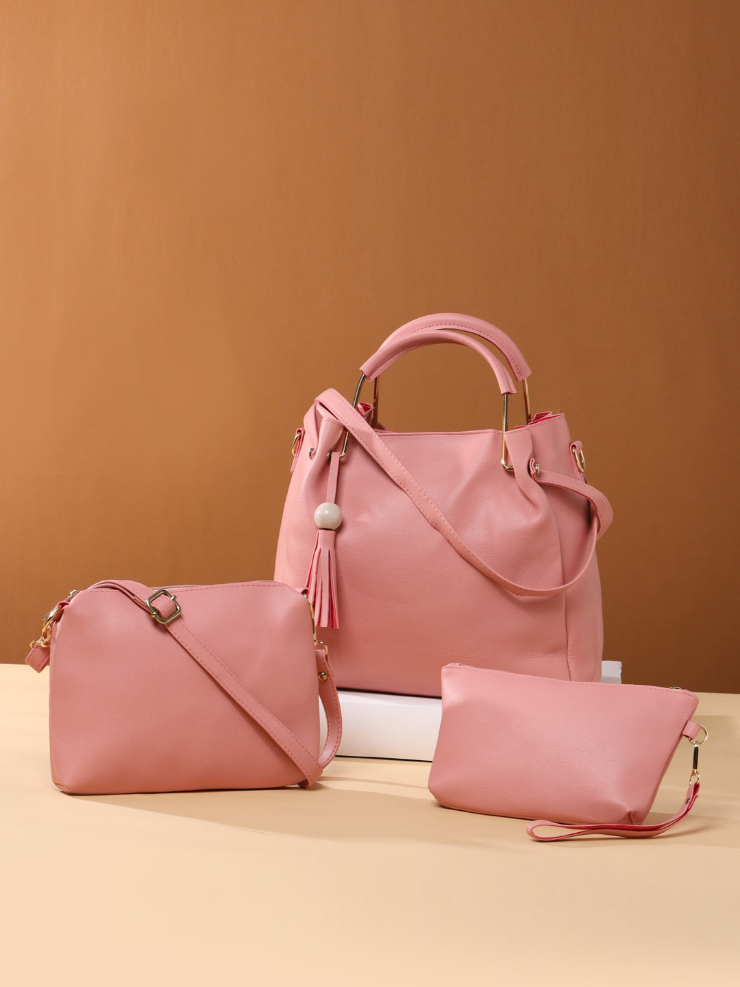 

VIRAASI STUDIO Pink Set Of 3PU Bucket Handheld Bag