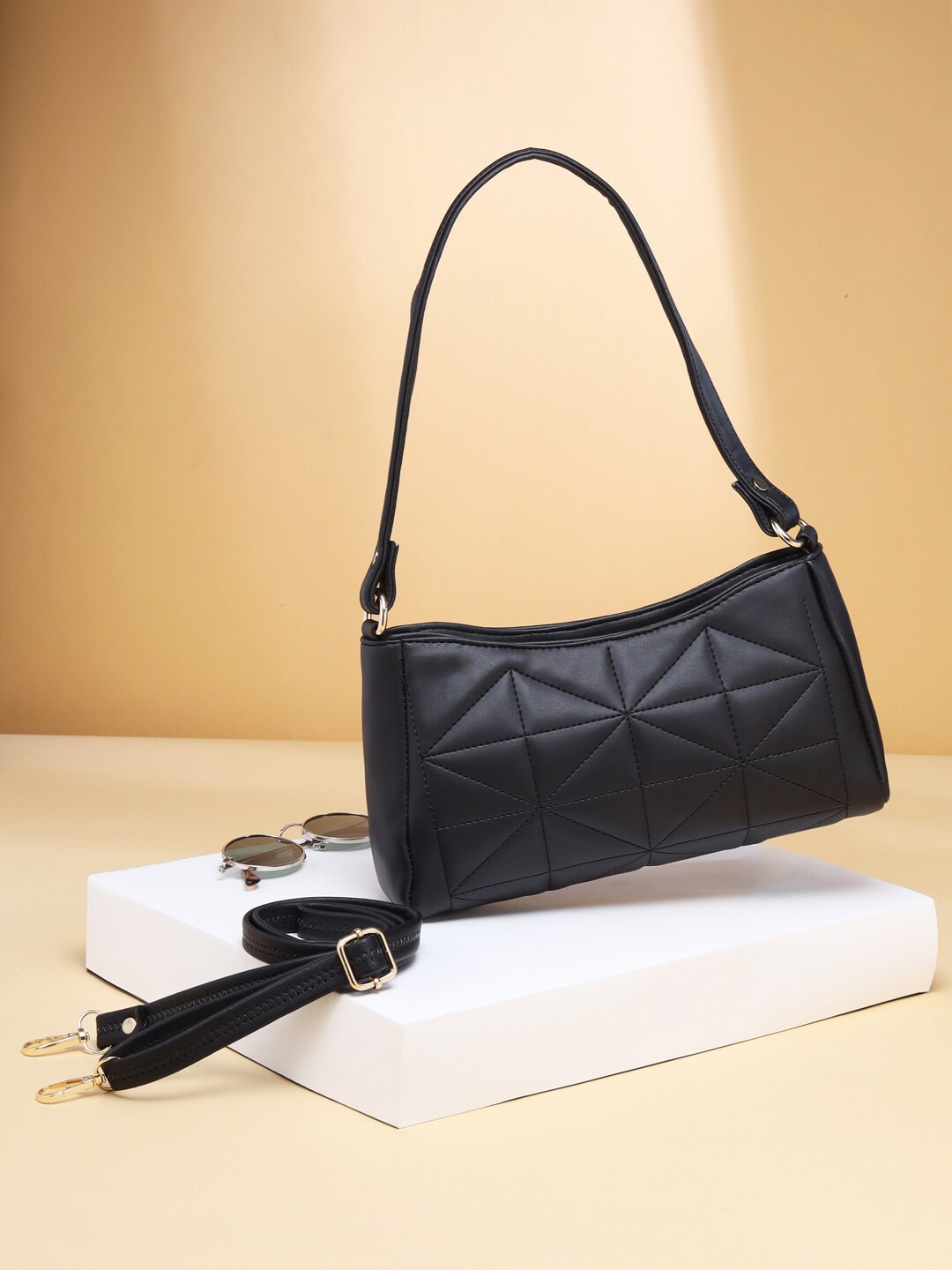 

VIRAASI STUDIO Black Geometric Textured PU Structured Sling Bag
